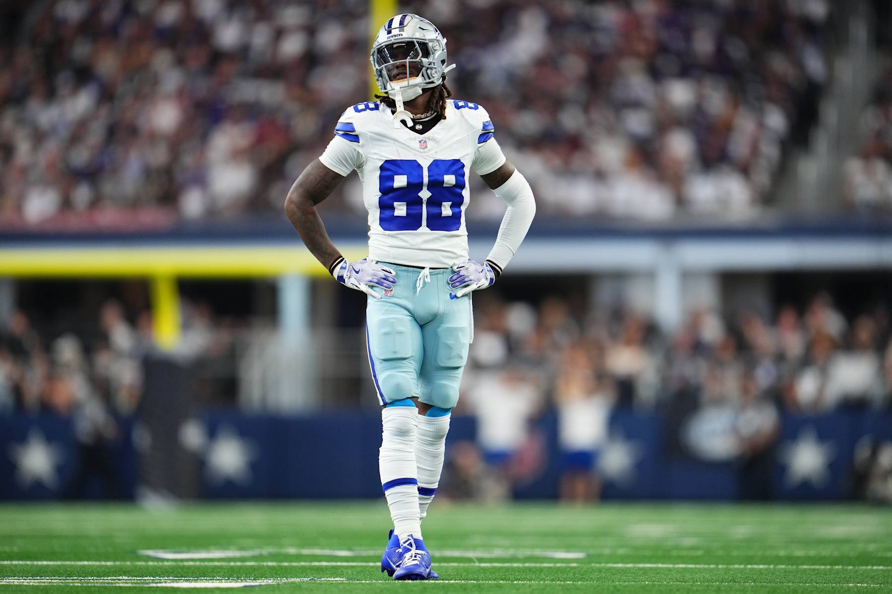 ARLINGTON, TX - SEPTEMBER 22: CeeDee Lamb #88 of the Dallas Cowboys looks towards the sideline after a play against the Baltimore Ravens during the first half of an NFL football game at AT&T Stadium on September 22, 2024 in Arlington, Texas. (Photo by Cooper Neill/Getty Images)