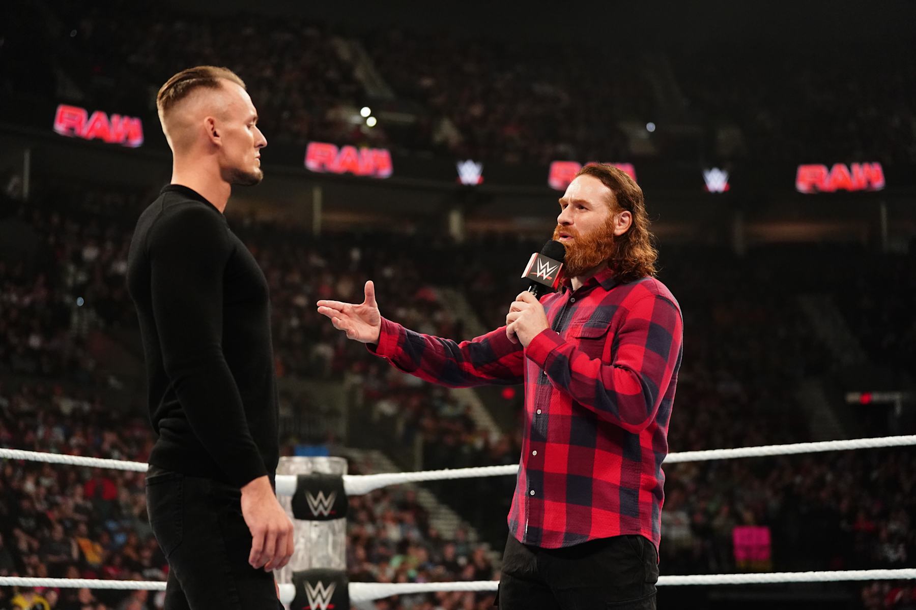 PORTLAND, OREGON - SEPTEMBER 16: Ludwig Kaiser in the ring with Sami Zayn during Monday Night RAW at Moda Center on September 16, 2024 in Portland, Oregon.  (Photo by WWE/Getty Images)