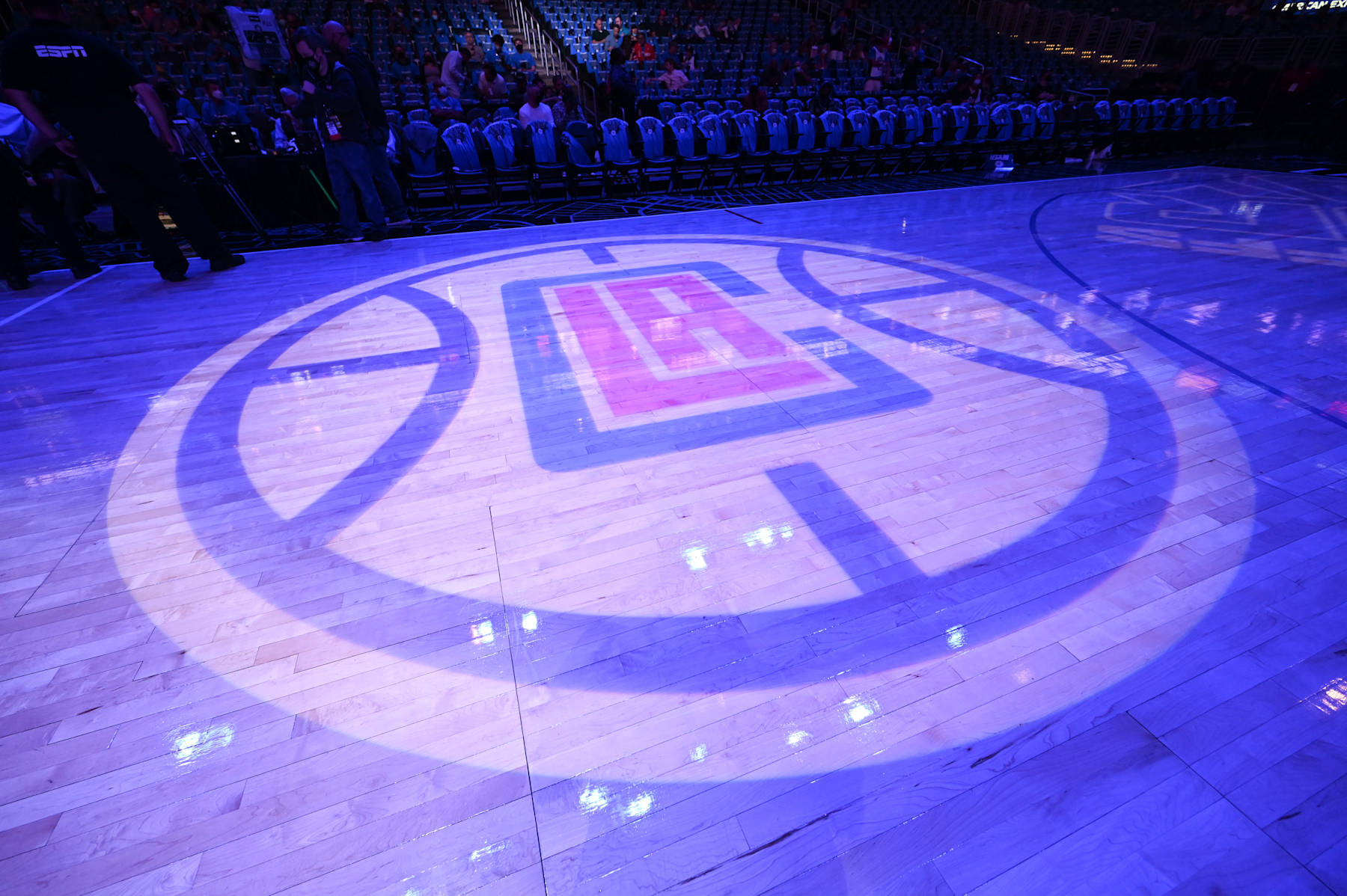 LOS ANGELES, CA - JUNE 18: The LA Clippers logo on the court during the game against the Utah Jazz during Round 2, Game 6 of the 2021 NBA Playoffs on June 18, 2021 at STAPLES Center in Los Angeles, California. NOTE TO USER: User expressly acknowledges and agrees that, by downloading and/or using this Photograph, user is consenting to the terms and conditions of the Getty Images License Agreement. Mandatory Copyright Notice: Copyright 2021 NBAE (Photo by Adam Pantozzi/NBAE via Getty Images)