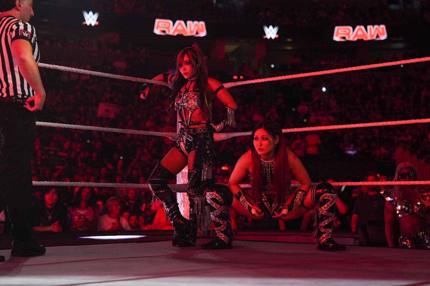 DENVER, COLORADO - SEPTEMBER 2: Damage CTRL, Kairi Sane and IYO SKY await their oppenent during Monday Night RAW at Ball Arena on September 2, 2024 in Denver, Colorado.  (Photo by WWE/Getty Images)