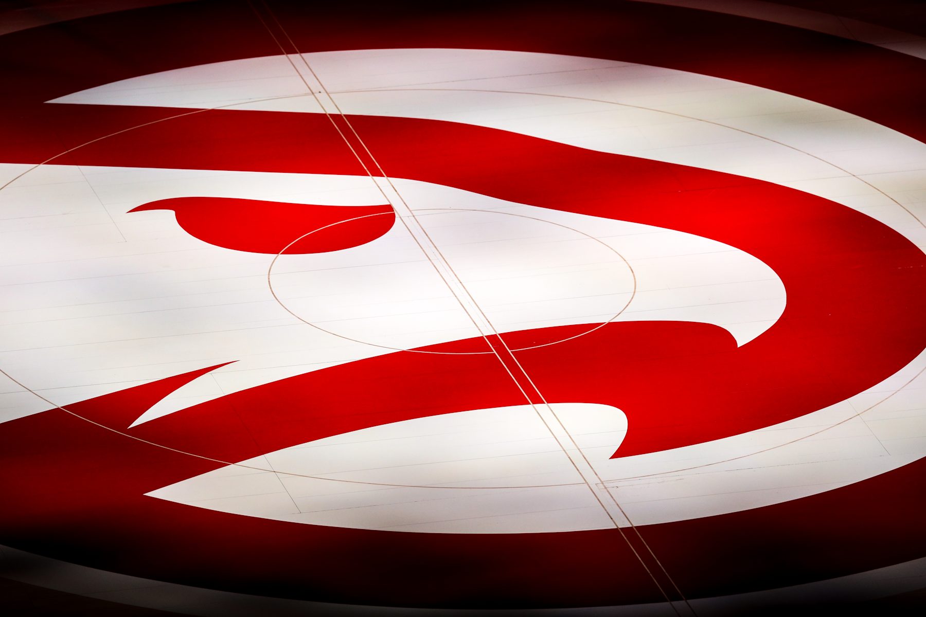 ATLANTA, GA - MAY 10: The Atlanta Hawks logo is seen on the court before the start of a game between the Washington Wizards and the Atlanta Hawks at State Farm Arena on May 10, 2021 in Atlanta, Georgia. NOTE TO USER: User expressly acknowledges and agrees that, by downloading and or using this photograph, User is consenting to the terms and conditions of the Getty Images License Agreement. (Photo by Casey Sykes/Getty Images)