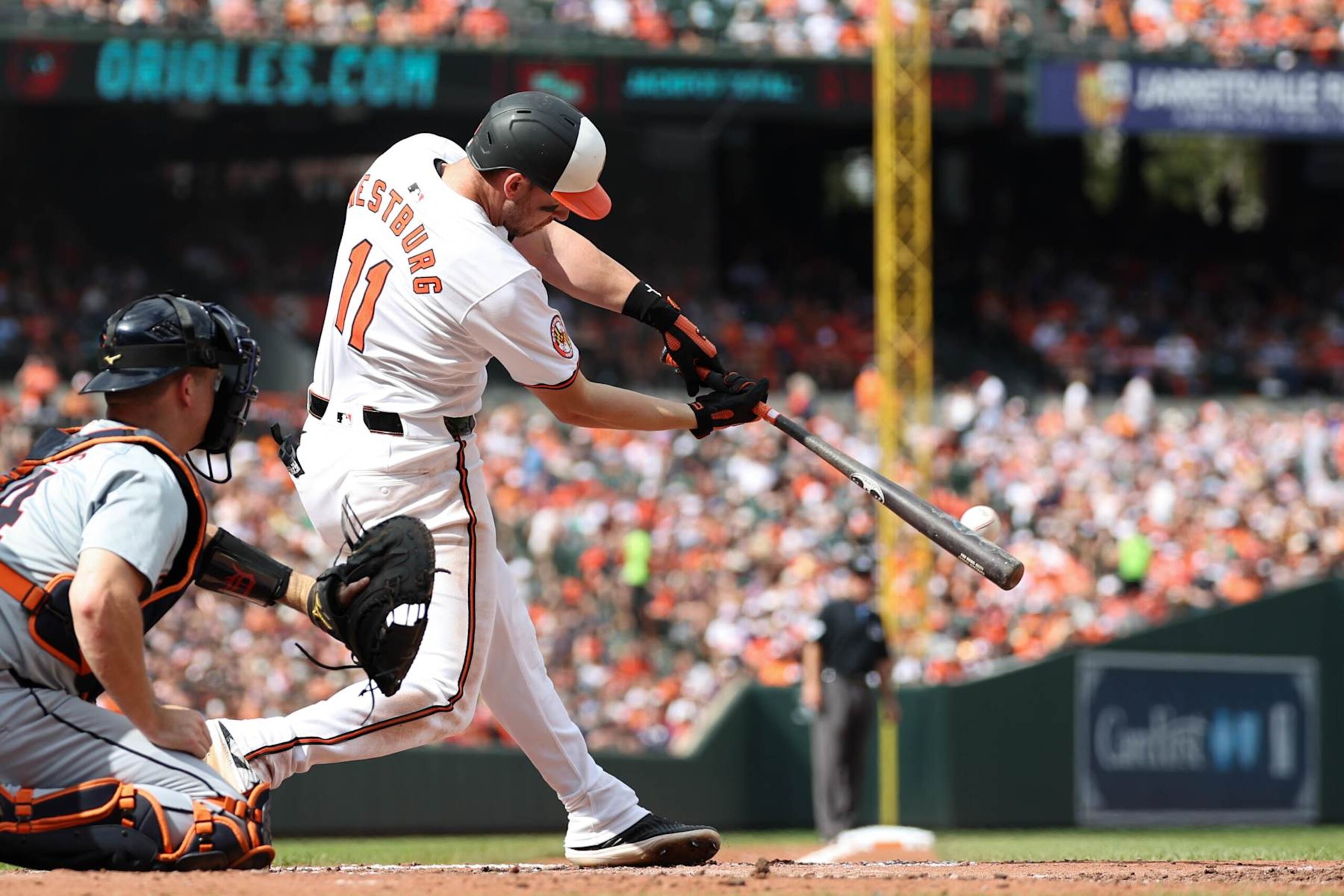 BALTIMORE, MD - SEPTEMBER 22:   Jordan Westburg #11 of the Baltimore Orioles hits a one RBI double in the fifth inning during the game between the Detroit Tigers and the Baltimore Orioles at Oriole Park at Camden Yards on Sunday, September 22, 2024 in Baltimore, Maryland. (Photo by Rob Tringali/MLB Photos via Getty Images)