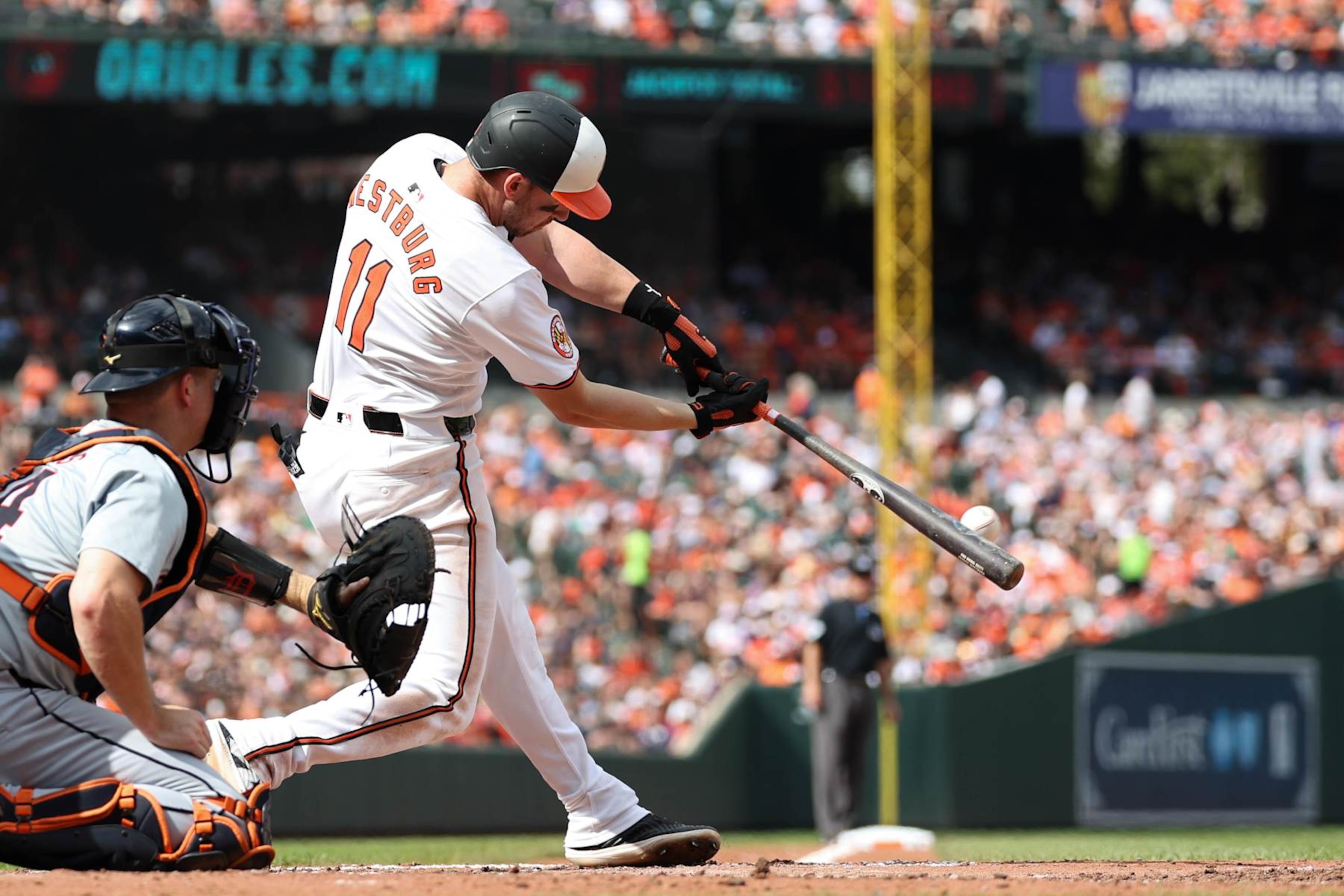BALTIMORE, MD - SEPTEMBER 22:   Jordan Westburg #11 of the Baltimore Orioles hits a one RBI double in the fifth inning during the game between the Detroit Tigers and the Baltimore Orioles at Oriole Park at Camden Yards on Sunday, September 22, 2024 in Baltimore, Maryland. (Photo by Rob Tringali/MLB Photos via Getty Images)