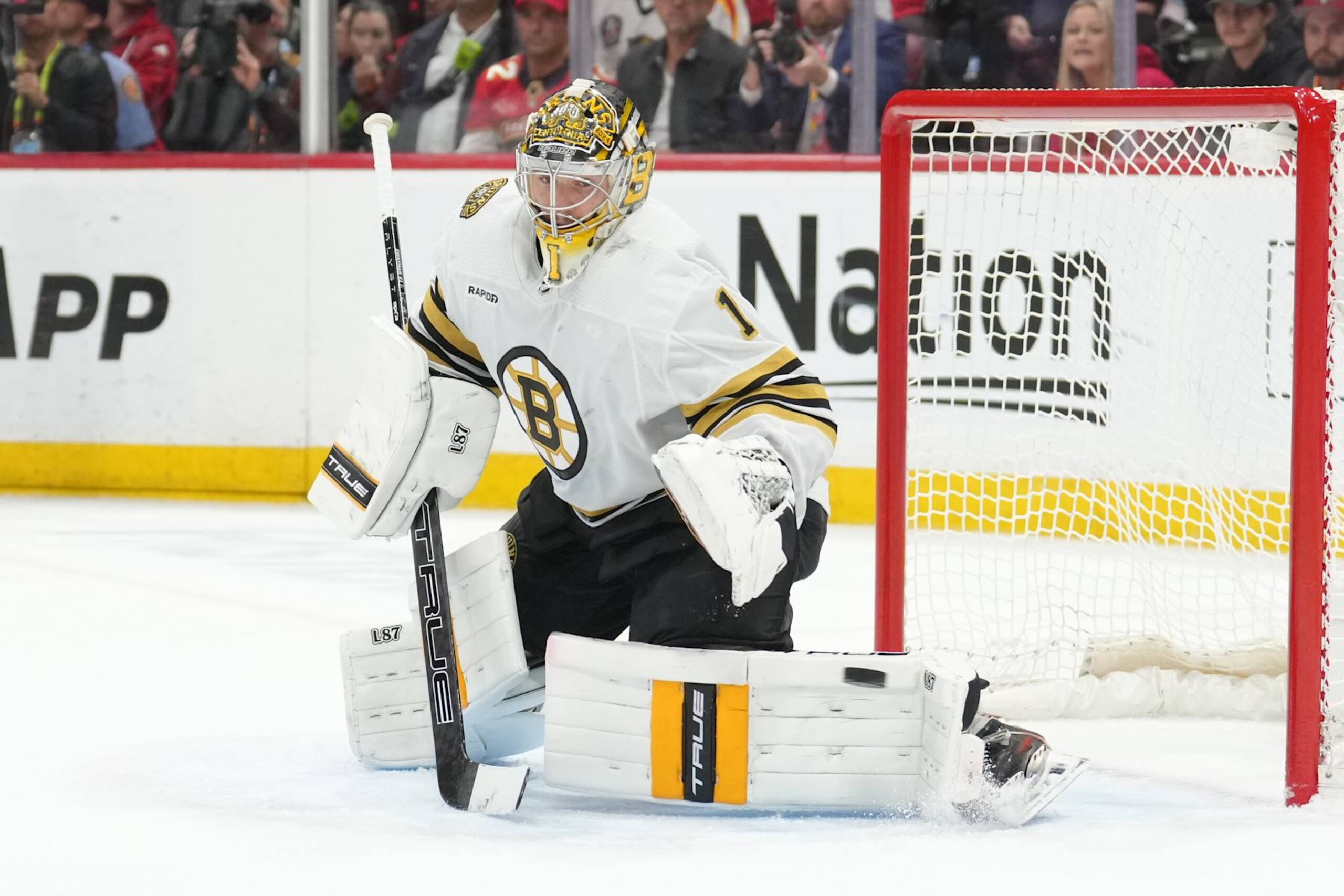 SUNRISE, FL - MAY 14: Boston Bruins goaltender Jeremy Swayman (1) makes a save late in the third period during game five of the Eastern Conference round 2 playoffs between the Boston Bruins and the Florida Panthers on Tuesday, May 14, 2024 at Amerant Bank Arena in Sunrise, Fla. (Photo by Peter Joneleit/Icon Sportswire via Getty Images)