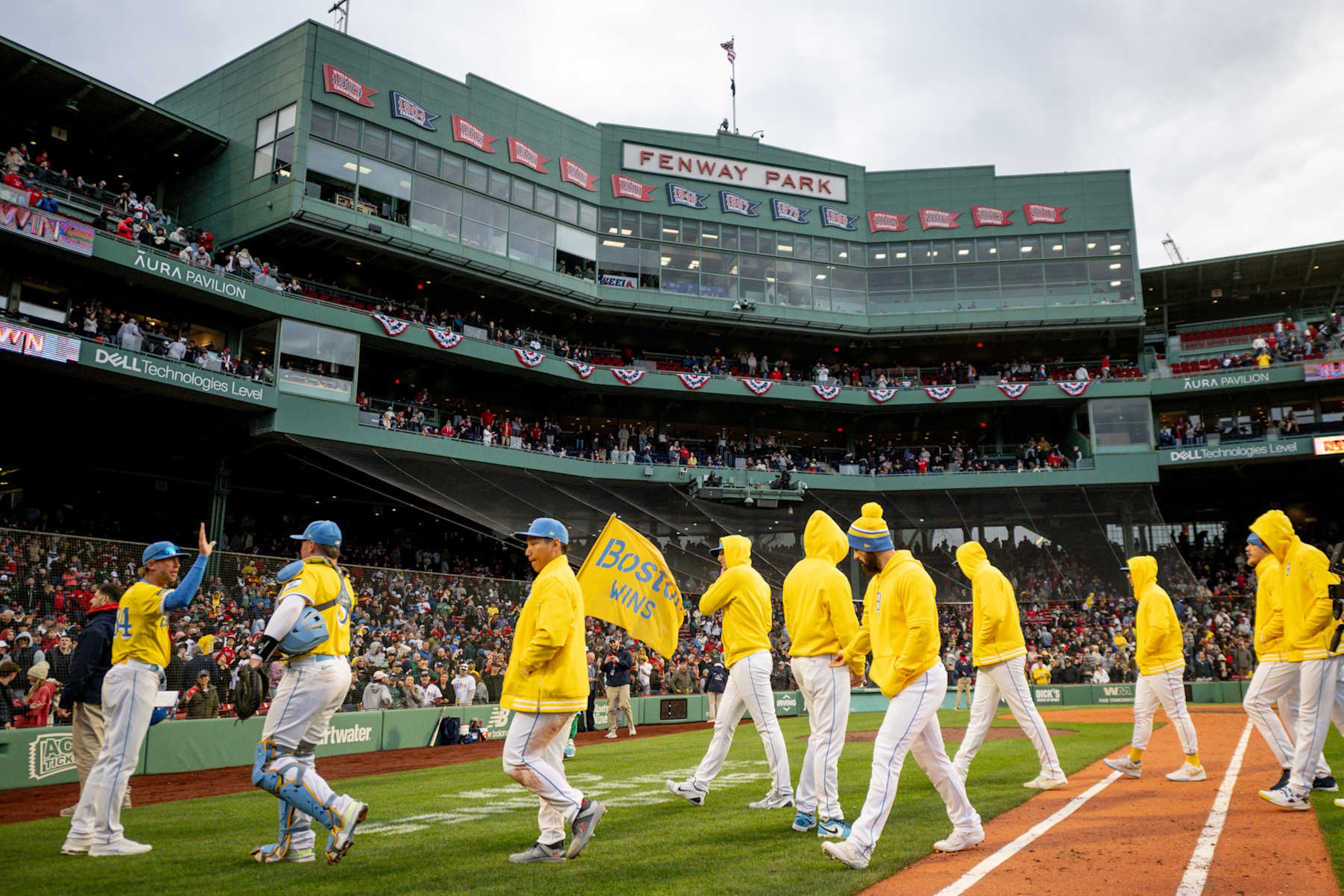 BOSTON, MA - APRIL 13: Boston Red Sox players react after a win against the Los Angeles Angels  on April 13, 2024 at Fenway Park in Boston, Massachusetts. (Photo by Maddie Malhotra/Boston Red Sox/Getty Images)