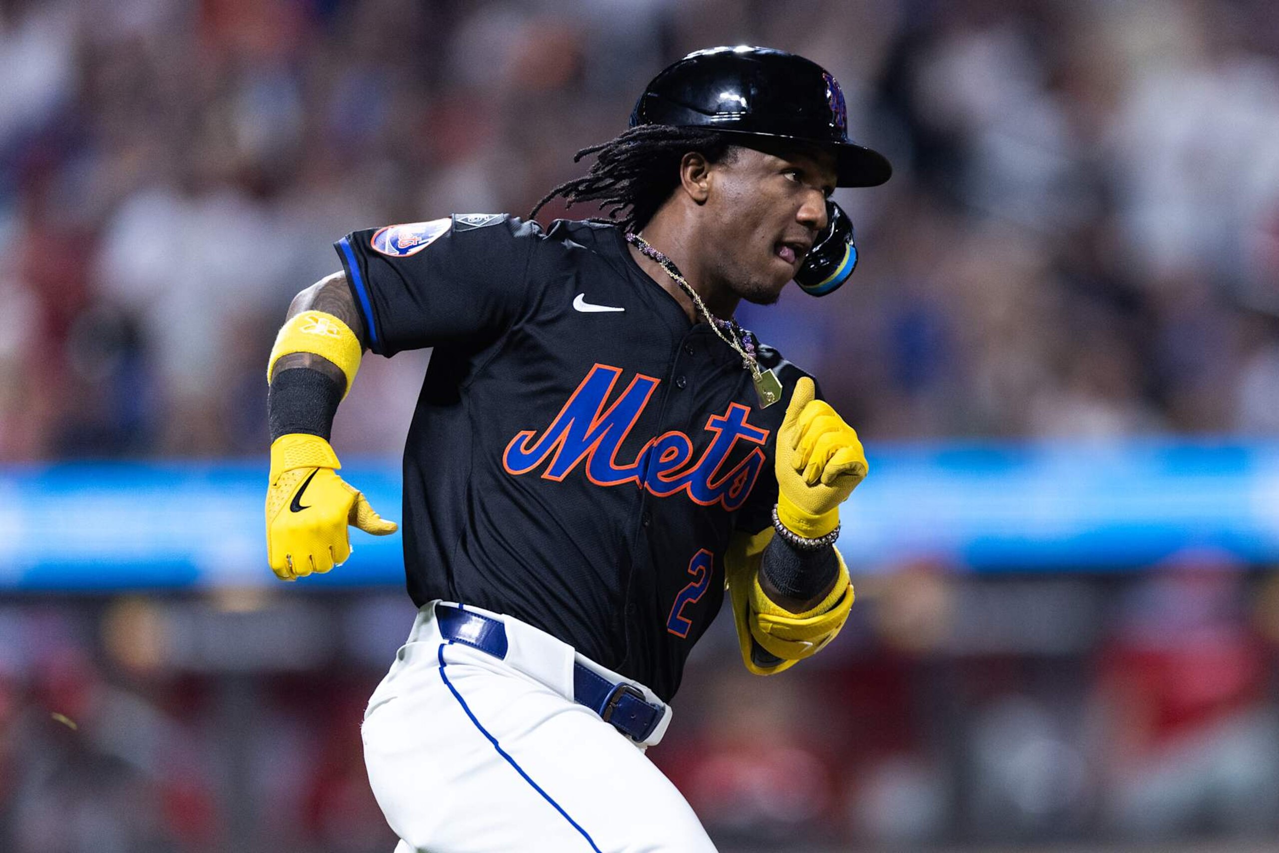 NEW YORK, NEW YORK - SEPTEMBER 19: Luisangel Acuña #2 of the New York Mets rounds the bases after hitting a triple during the seventh inning of the game against the Philadelphia Phillies at Citi Field on September 19, 2024 in New York City. (Photo by Dustin Satloff/Getty Images)