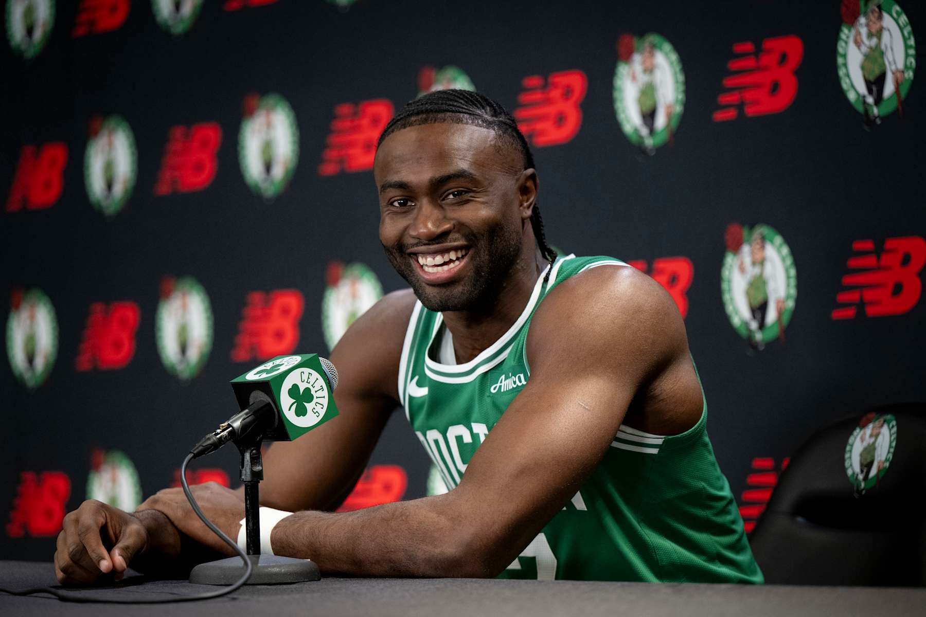 BOSTON, MASSACHUSETTS - SEPTEMBER 24: Jaylen Brown #7 of the Boston Celtics speaks to the media during Boston Celtics Media Day at The Auerbach Center on September 24, 2024 in Boston, Massachusetts. NOTE TO USER: User expressly acknowledges and agrees that, by downloading and or using this photograph, User is consenting to the terms and conditions of the Getty Images License Agreement. (Photo by Maddie Malhotra/Getty Images)