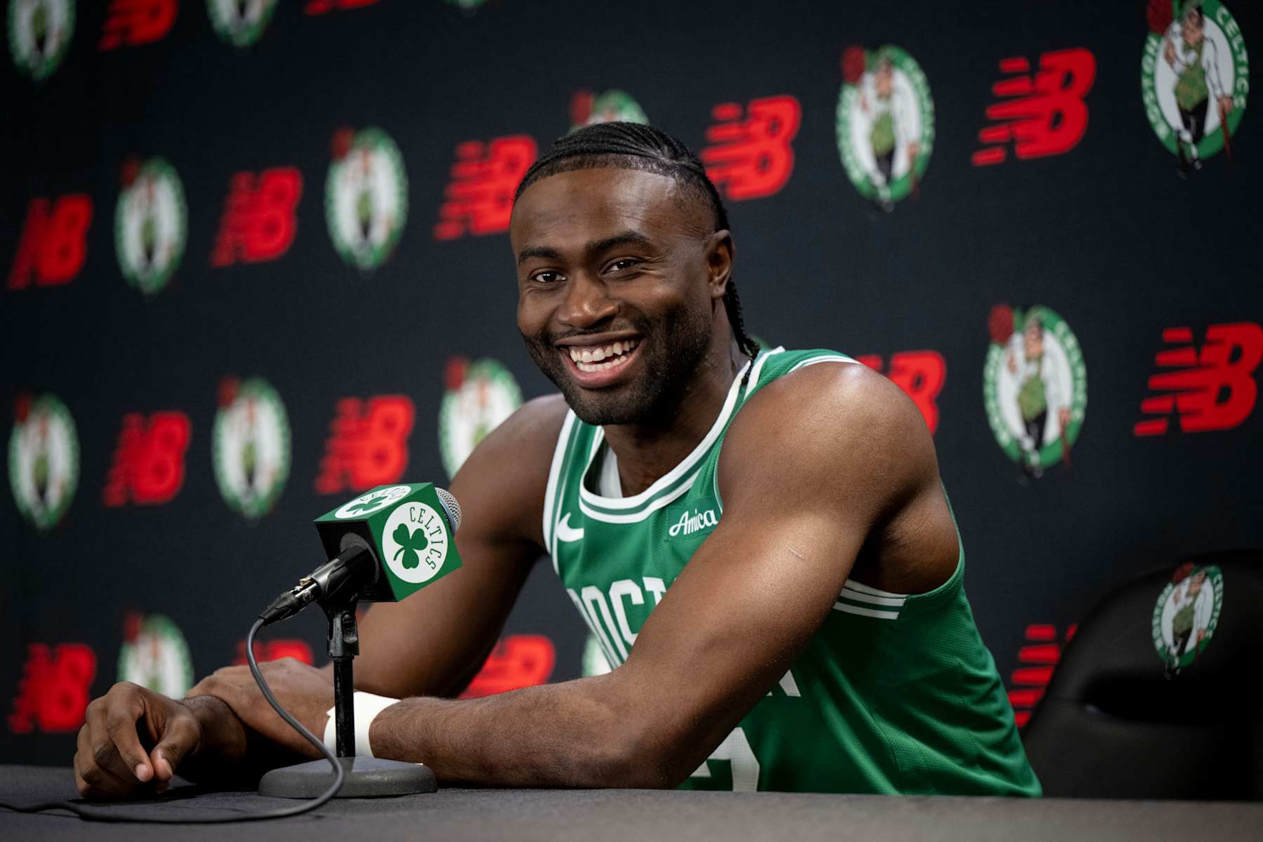 BOSTON, MASSACHUSETTS - SEPTEMBER 24: Jaylen Brown #7 of the Boston Celtics speaks to the media during Boston Celtics Media Day at The Auerbach Center on September 24, 2024 in Boston, Massachusetts. NOTE TO USER: User expressly acknowledges and agrees that, by downloading and or using this photograph, User is consenting to the terms and conditions of the Getty Images License Agreement. (Photo by Maddie Malhotra/Getty Images)