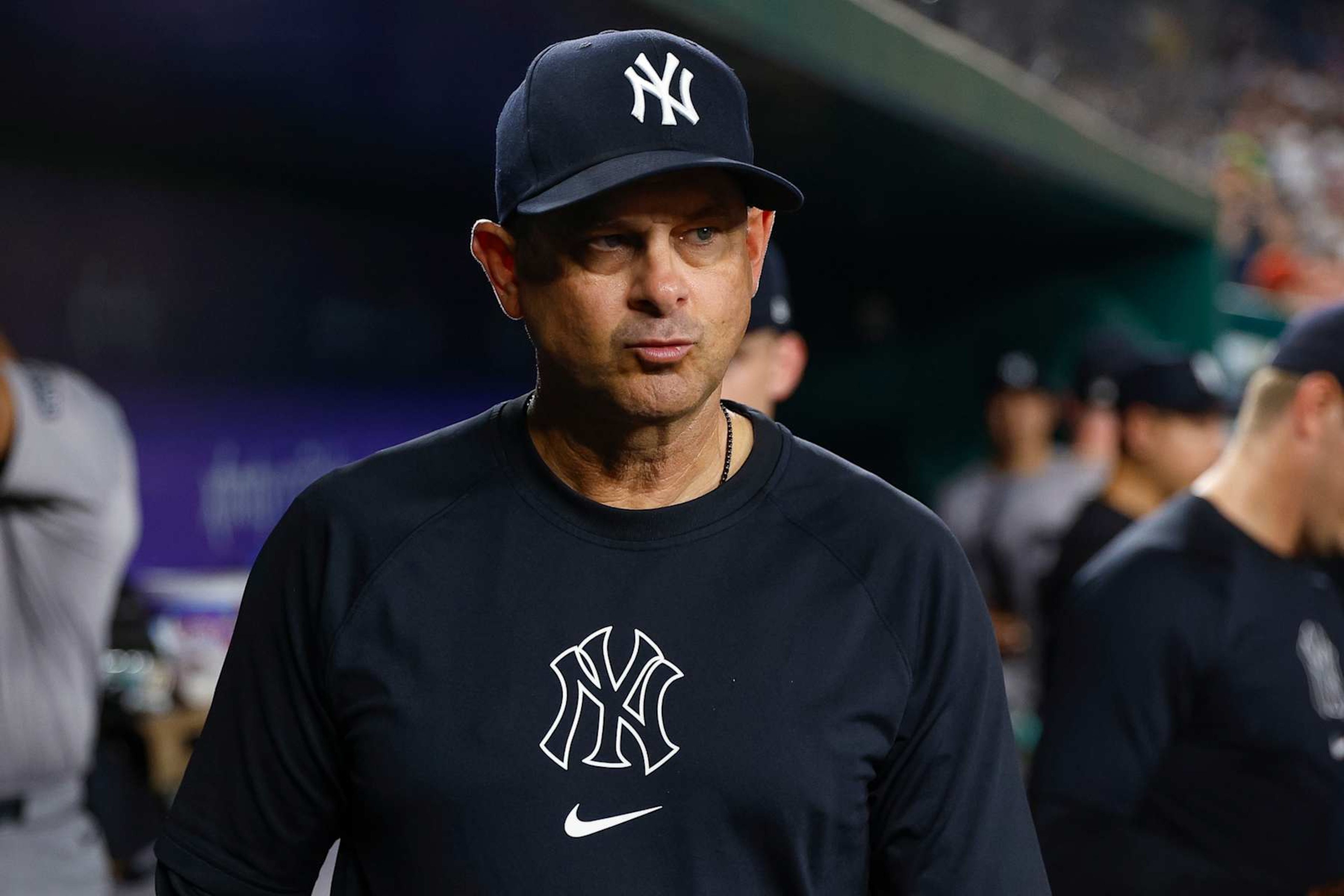 WASHINGTON, DC - AUGUST 28: Manager Aaron Boone #17 of the New York Yankees walks through the dugout in the fifth inning during a game against the Washington Nationals at Nationals Park on August 28, 2024 in Washington, DC. (Photo by Brandon Sloter/Image Of Sport/Getty Images) WASHINGTON, DC - AUGUST 28: Manager Aaron Boone #17 of the New York Yankees walks through the dugout in the fifth inning during a game against the Washington Nationals at Nationals Park on August 28, 2024 in Washington, DC. (Photo by Brandon Sloter/Image Of Sport/Getty Images)
