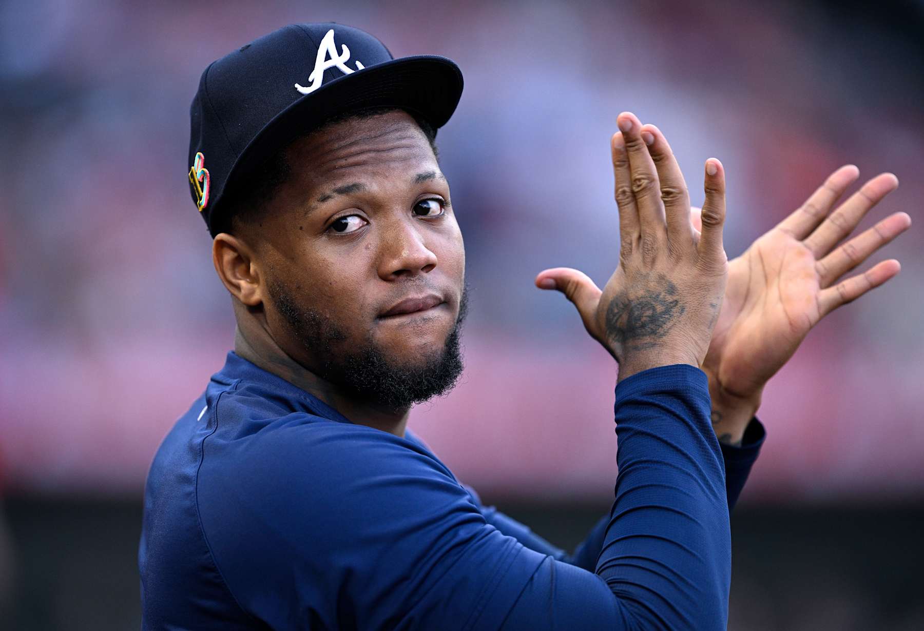 ANAHEIM, CALIFORNIA - AUGUST 16: Ronald Acuña Jr. #13 of the Atlanta Braves looks on against the Los Angeles Angels at Angel Stadium of Anaheim on August 16, 2024 in Anaheim, California. (Photo by Orlando Ramirez/Getty Images)