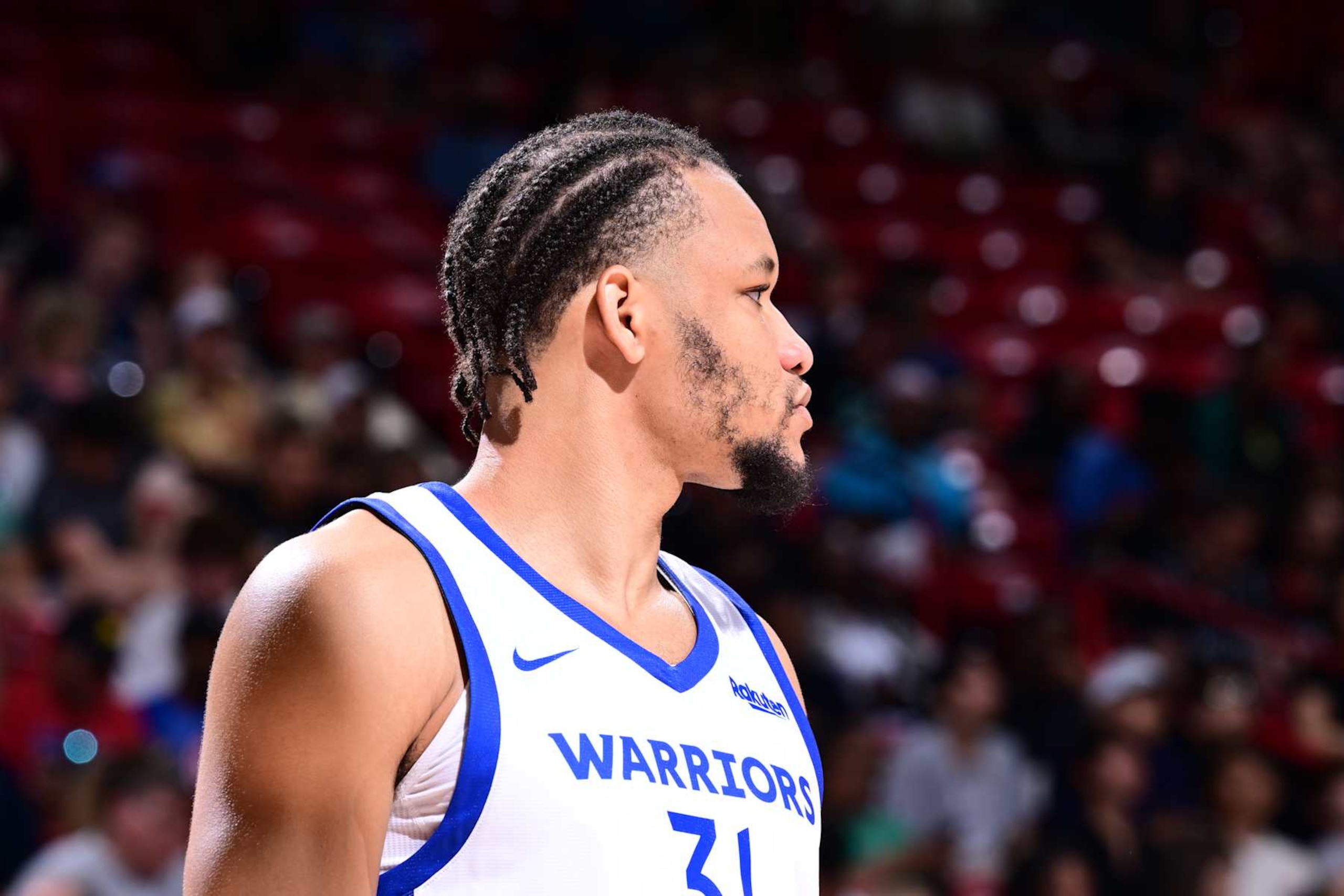 LAS VEGAS, NV - JULY 13: Kevin Knox II #31 of the Golden State Warriors looks on during the game against the Phoenix Suns on July 13, 2024 at the Thomas & Mack Center in Las Vegas, Nevada. NOTE TO USER: User expressly acknowledges and agrees that, by downloading and or using this photograph, User is consenting to the terms and conditions of the Getty Images License Agreement. Mandatory Copyright Notice: Copyright 2024 NBAE (Photo by Adam Hagy/NBAE via Getty Images)