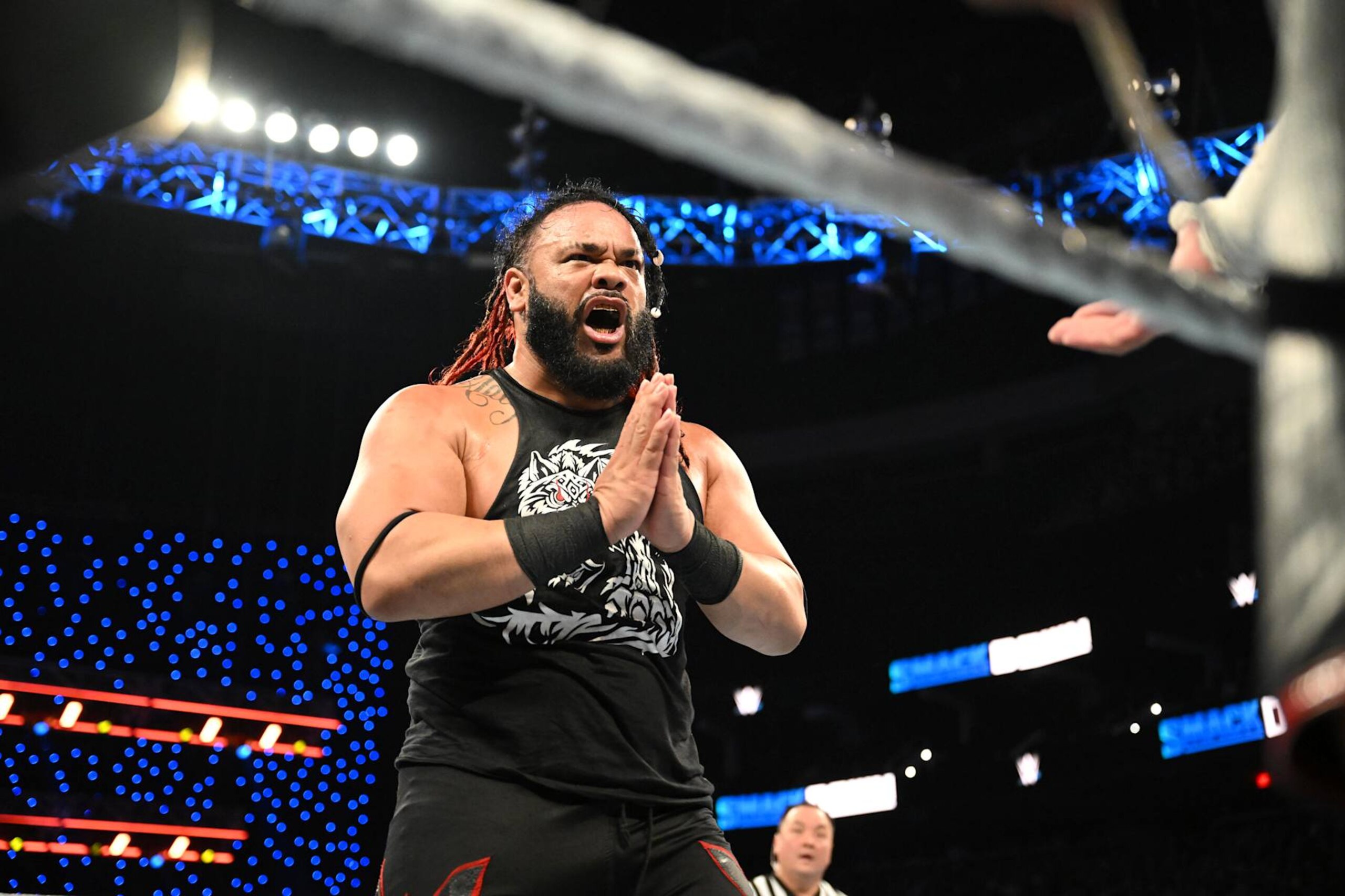 EDMONTON, CANADA - SEPTEMBER 6: Jacob Fatu reacts during WWE Friday Night SmackDown at Rogers Place on September 6, 2024 in Edmonton, Canada.  (Photo by WWE/Getty Images)