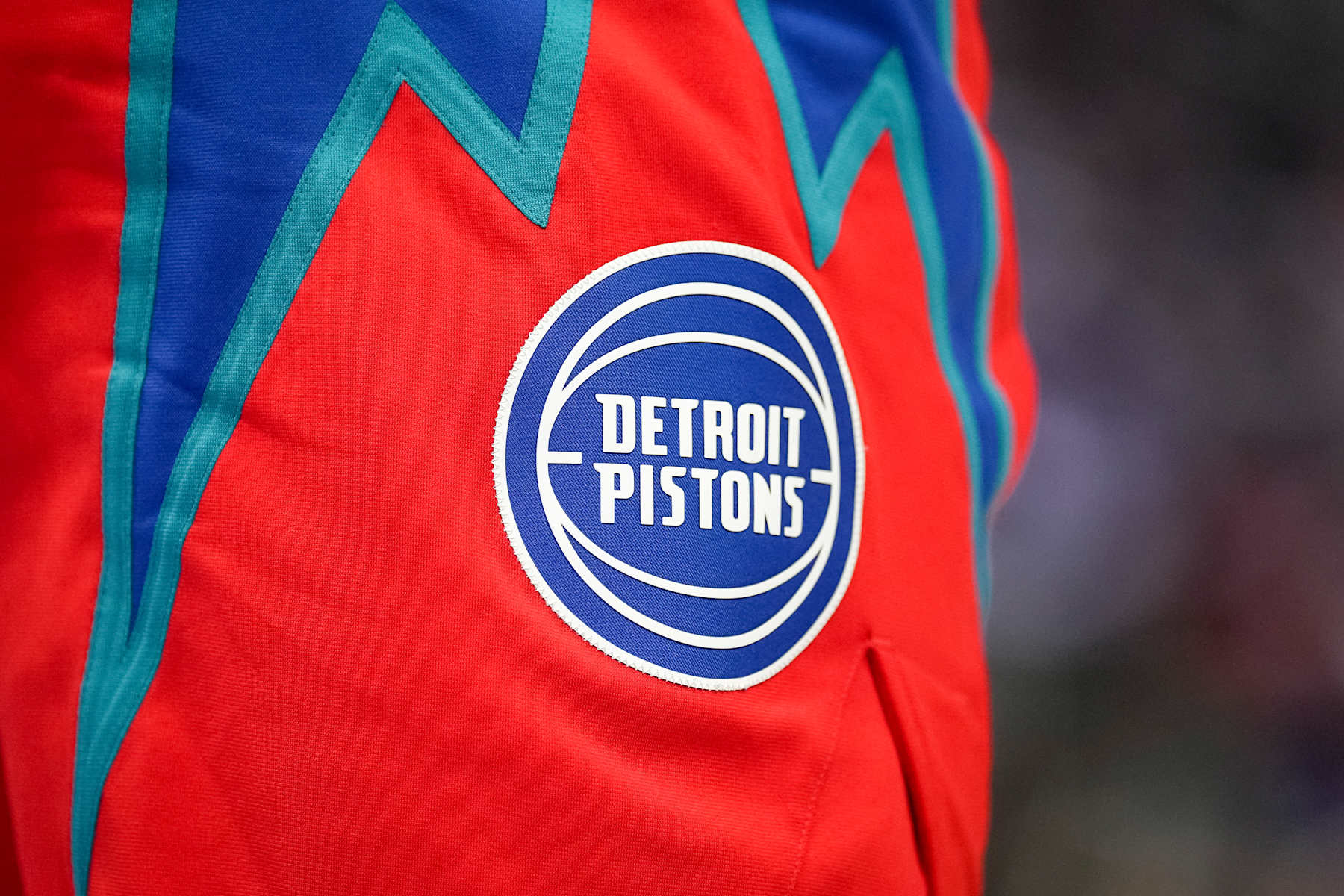 DETROIT, MICHIGAN - MARCH 25: The Detroit Pistons logo is pictured on the uniform during the first quarter against the Washington Wizards at Little Caesars Arena on March 25, 2022 in Detroit, Michigan. NOTE TO USER: User expressly acknowledges and agrees that, by downloading and or using this photograph, User is consenting to the terms and conditions of the Getty Images License Agreement. (Photo by Nic Antaya/Getty Images)