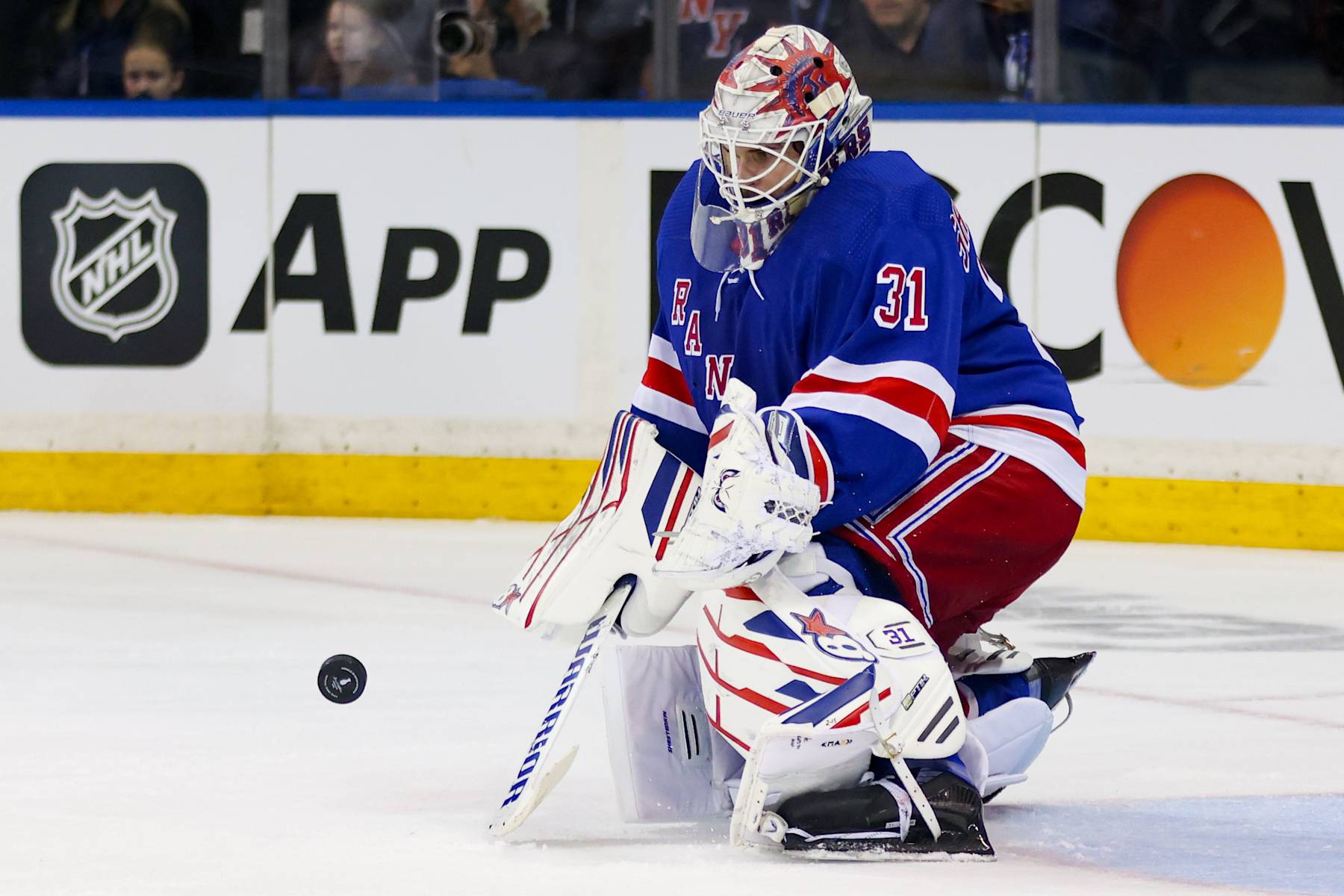 NEW YORK, NY - MAY 24: New York Rangers Goalie Igor Shesterkin (31) deflects a shot on goal during the first period of Game 2 of the National Hockey League Stanley Cup Eastern Conference Finals between the Florida Panthers and the New York Rangers on May 24, 2024 at Madison Square Garden in New York, NY. (Photo by Joshua Sarner/Icon Sportswire via Getty Images)