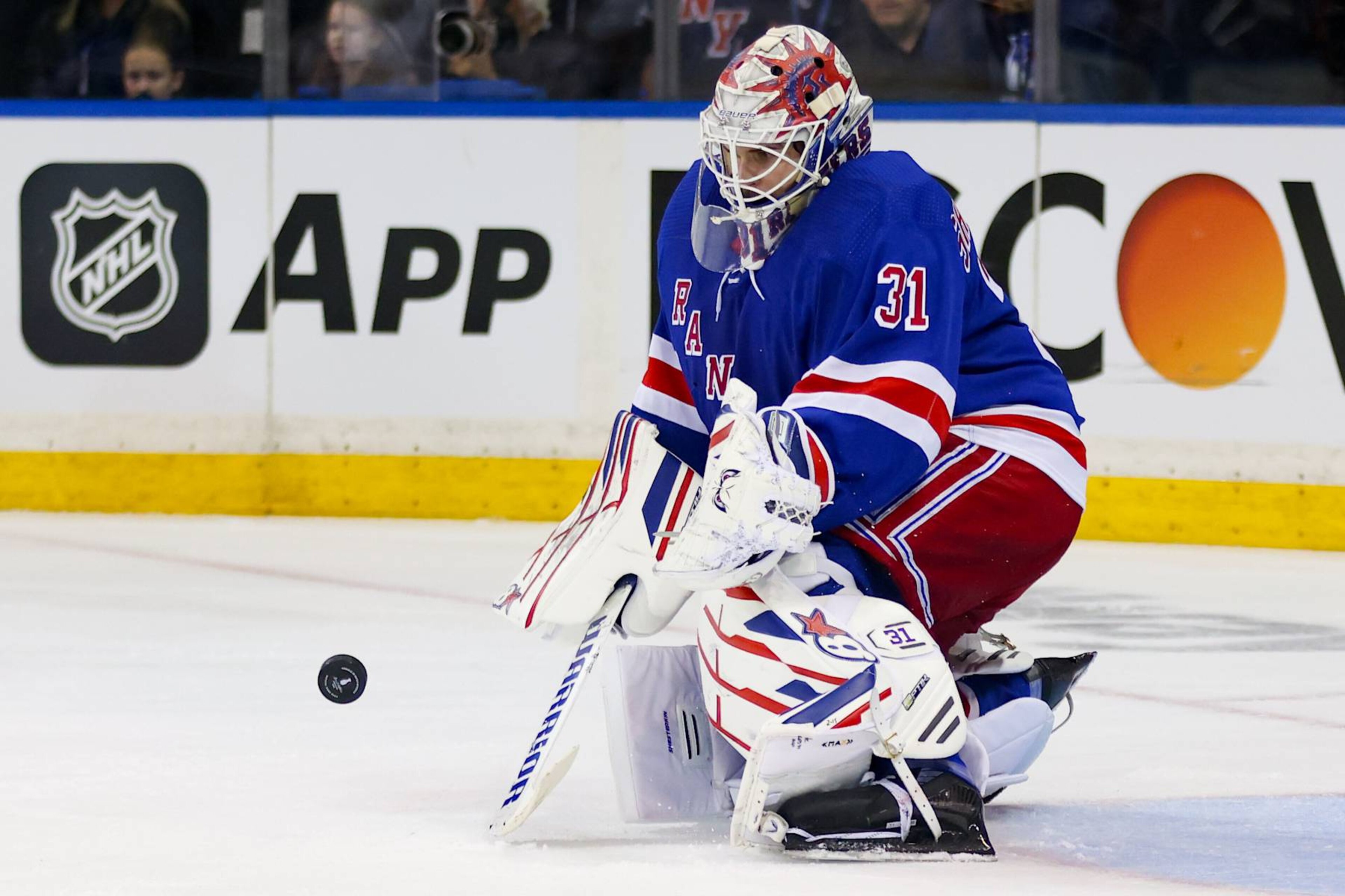 NEW YORK, NY - MAY 24: New York Rangers Goalie Igor Shesterkin (31) deflects a shot on goal during the first period of Game 2 of the National Hockey League Stanley Cup Eastern Conference Finals between the Florida Panthers and the New York Rangers on May 24, 2024 at Madison Square Garden in New York, NY. (Photo by Joshua Sarner/Icon Sportswire via Getty Images) NEW YORK, NY - MAY 24: New York Rangers Goalie Igor Shesterkin (31) deflects a shot on goal during the first period of Game 2 of the National Hockey League Stanley Cup Eastern Conference Finals between the Florida Panthers and the New York Rangers on May 24, 2024 at Madison Square Garden in New York, NY. (Photo by Joshua Sarner/Icon Sportswire via Getty Images)