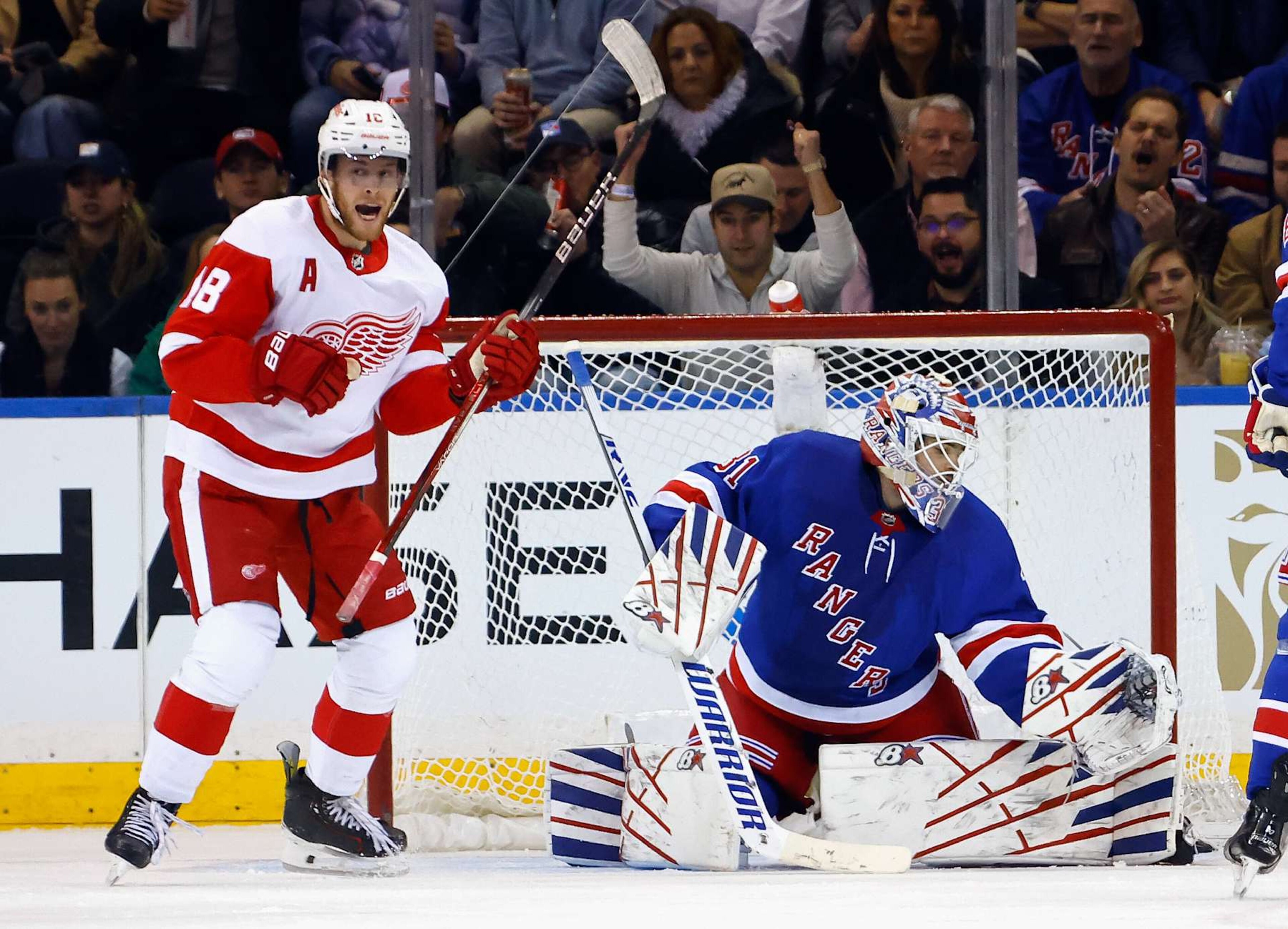 NEW YORK, NEW YORK - NOVEMBER 29: Andrew Copp #18 of the Detroit Red Wings celebrates a second period goal by Moritz Seider #53 against Igor Shesterkin #31 of the New York Rangers at Madison Square Garden on November 29, 2023 in New York City. (Photo by Bruce Bennett/Getty Images) NEW YORK, NEW YORK - NOVEMBER 29: Andrew Copp #18 of the Detroit Red Wings celebrates a second period goal by Moritz Seider #53 against Igor Shesterkin #31 of the New York Rangers at Madison Square Garden on November 29, 2023 in New York City. (Photo by Bruce Bennett/Getty Images)
