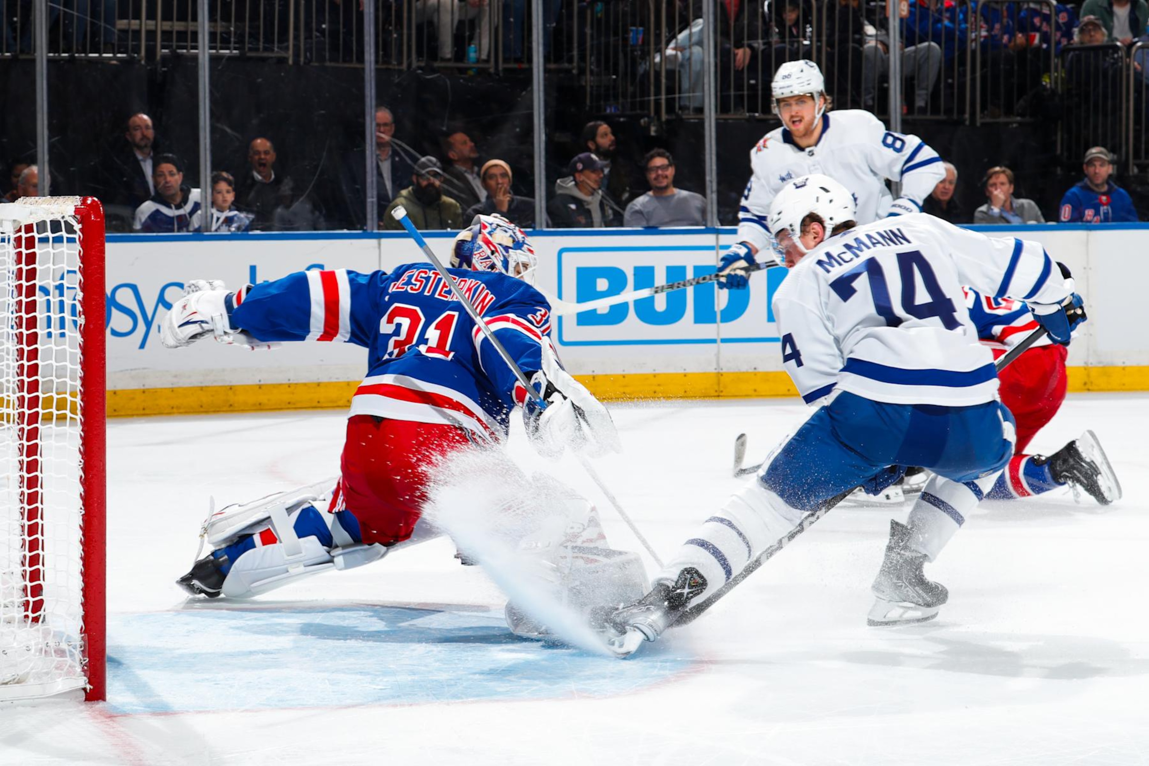 NEW YORK, NEW YORK - DECEMBER 12: Igor Shesterkin #31 of the New York Rangers makes a save against Bobby McMann #74 of the Toronto Maple Leafs at Madison Square Garden on December 12, 2023 in New York City. (Photo by Jared Silber/NHLI via Getty Images) NEW YORK, NEW YORK - DECEMBER 12: Igor Shesterkin #31 of the New York Rangers makes a save against Bobby McMann #74 of the Toronto Maple Leafs at Madison Square Garden on December 12, 2023 in New York City. (Photo by Jared Silber/NHLI via Getty Images)