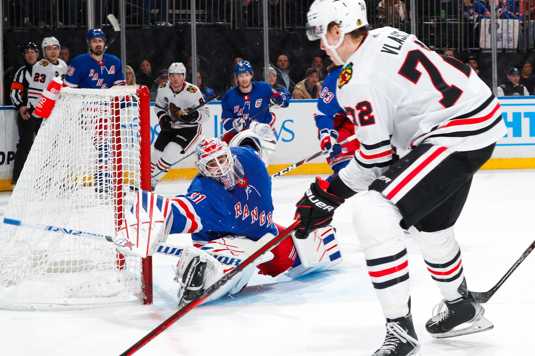 NEW YORK, NEW YORK - JANUARY 04:  Igor Shesterkin #31 of the New York Rangers makes a save against the Chicago Blackhawks at Madison Square Garden on January 4, 2024 in New York City. (Photo by Jared Silber/NHLI via Getty Images)