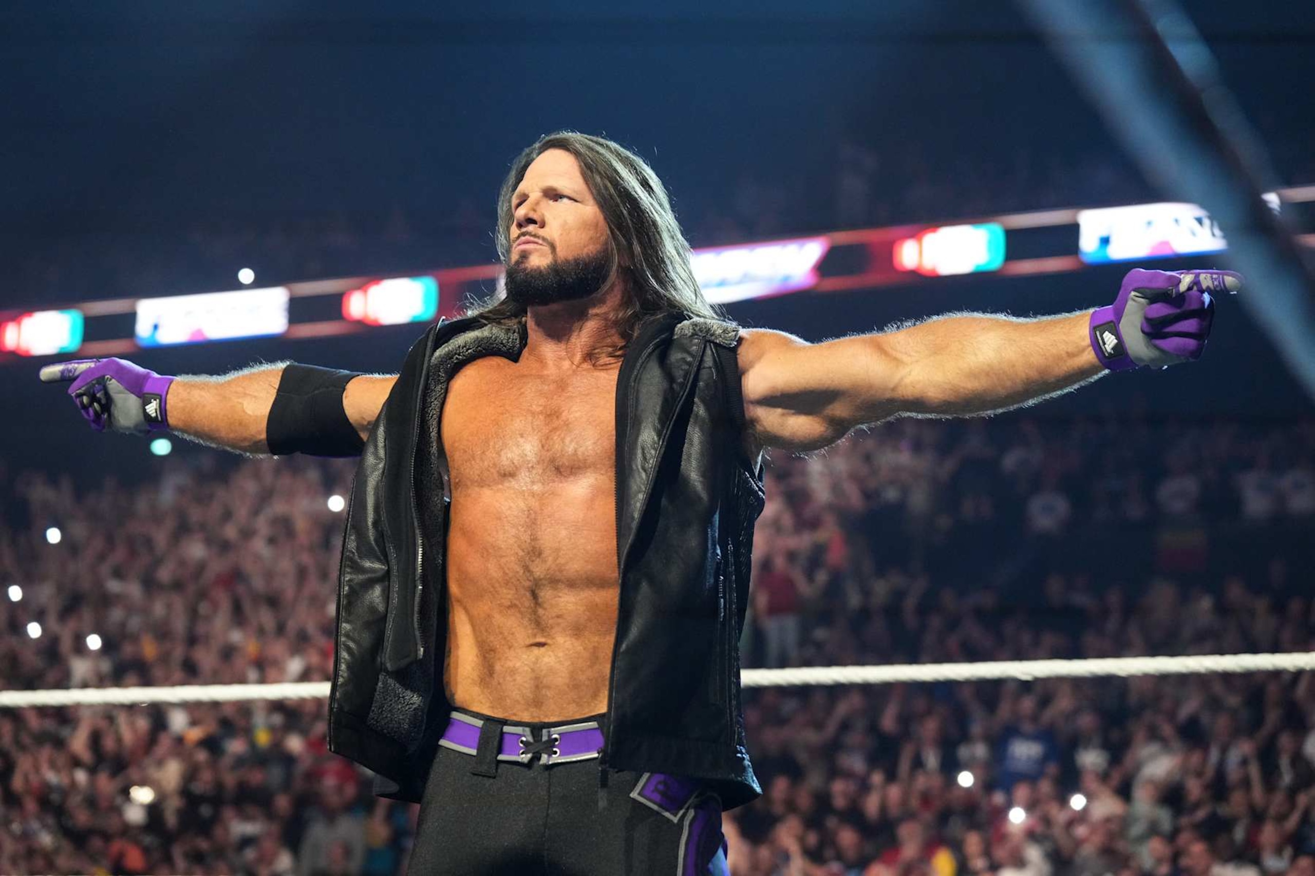 LYON, FRANCE - MAY 04: AJ Styles makes his entrance during Backlash France at LDLC Arena on May 4, 2024 in Lyon, France. (Photo by WWE/Getty Images)