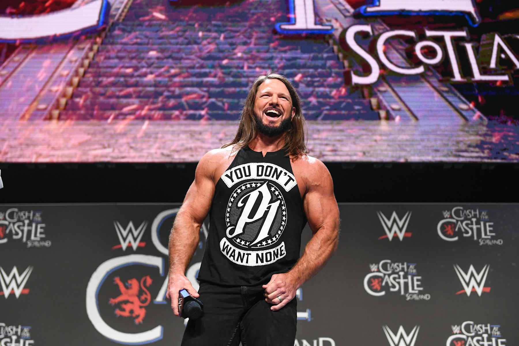 GLASGOW, SCOTLAND - JUNE 14: AJ Styles looks on during WWE Clash at the Castle Kickoff in SEC Centre Hall at the Scottish Event Campus on June 14, 2024 in Glasgow, Scotland. (Photo by WWE/Getty Images)