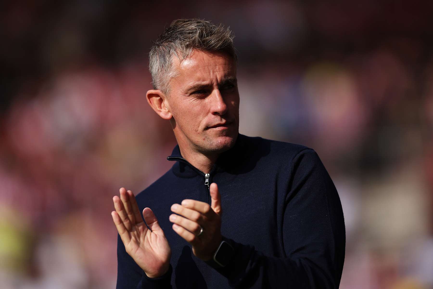 SOUTHAMPTON, ENGLAND - SEPTEMBER 21: Kieran McKenna, Manager of Ipswich Town, looks on prior to the Premier League match between Southampton FC and Ipswich Town FC at St Mary's Stadium on September 21, 2024 in Southampton, England. (Photo by Dan Istitene/Getty Images)
