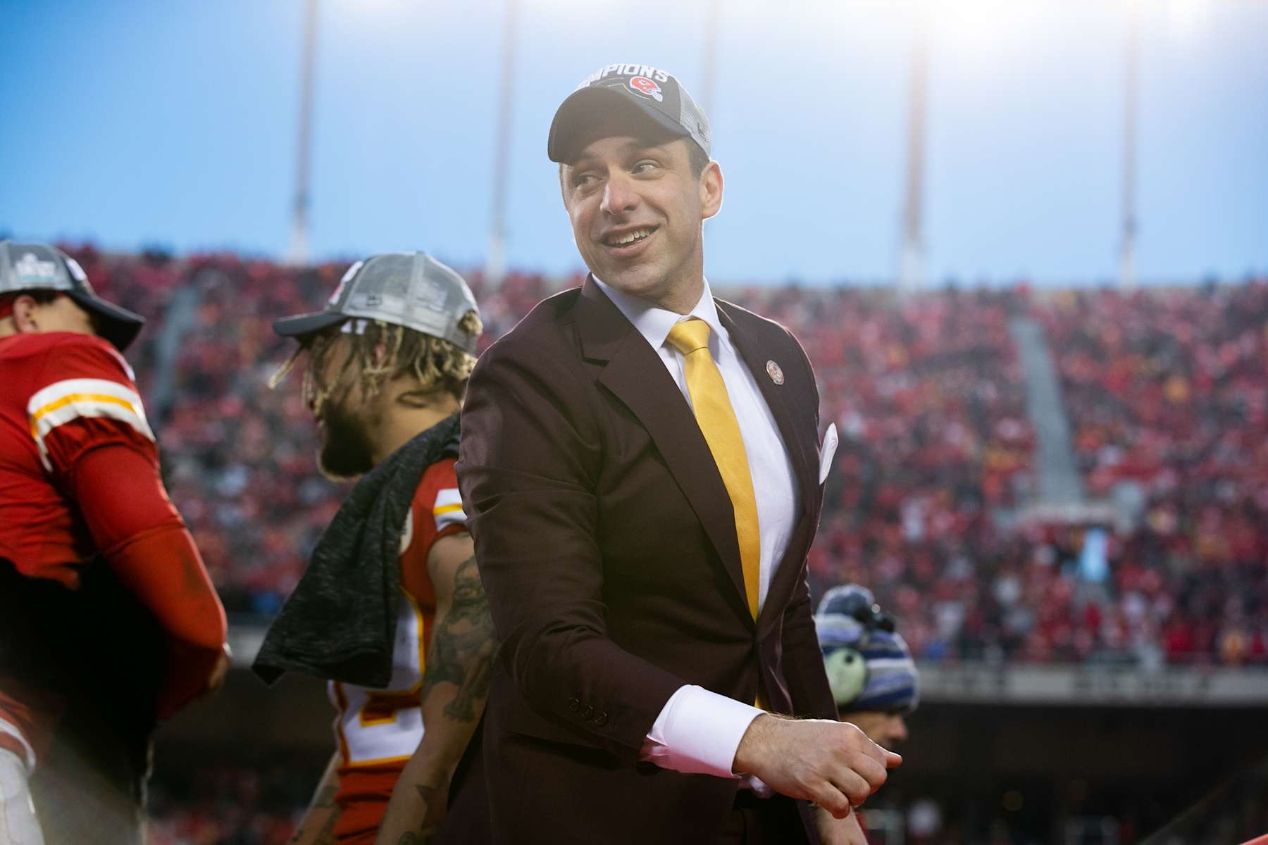 KANSAS CITY, MO - JANUARY 19: Kansas City Chiefs general manager Brett Veach on the podium after a win against the Tennessee Titans after the AFC Championship NFL football game at Arrowhead Stadium on January 19, 2020 in Kansas City, Missouri. (Photo by Perry Knotts/Getty Images)