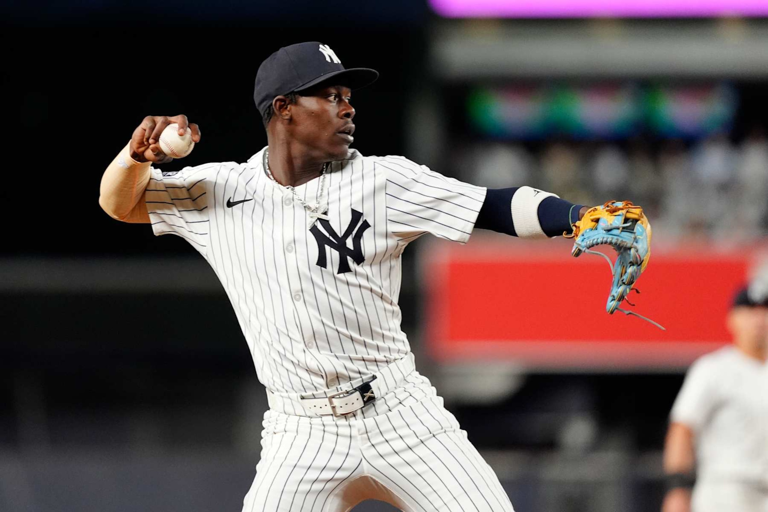 BRONX, NY - SEPTEMBER 25: New York Yankees Third Baseman Jazz Chisholm Jr. (13) throws out Baltimore Orioles Third Baseman Ramon Urias (not pictured) after fielding a ground ball during the fifth inning of the Major League Baseball game between the Baltimore Orioles and the New York Yankees on September 25, 2024, at Yankee Stadium in the Bronx, NY. (Photo by Gregory Fisher/Icon Sportswire via Getty Images) BRONX, NY - SEPTEMBER 25: New York Yankees Third Baseman Jazz Chisholm Jr. (13) throws out Baltimore Orioles Third Baseman Ramon Urias (not pictured) after fielding a ground ball during the fifth inning of the Major League Baseball game between the Baltimore Orioles and the New York Yankees on September 25, 2024, at Yankee Stadium in the Bronx, NY. (Photo by Gregory Fisher/Icon Sportswire via Getty Images)