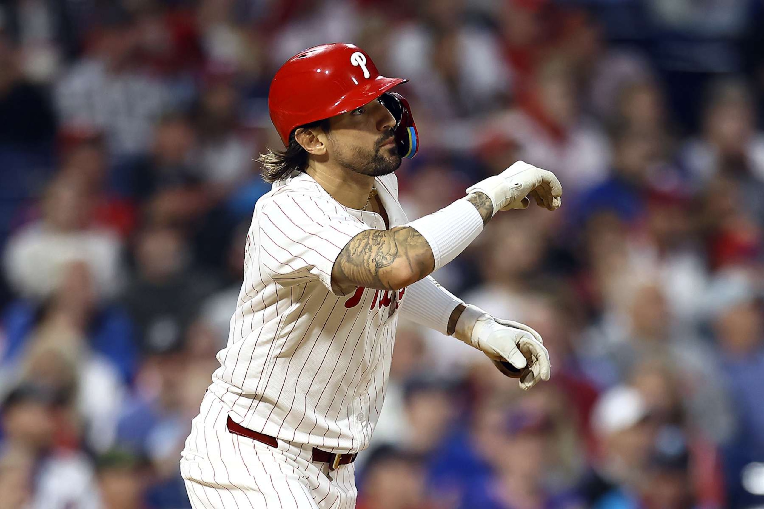 PHILADELPHIA, PENNSYLVANIA - SEPTEMBER 25: Nick Castellanos #8 of the Philadelphia Phillies reacts after hitting a solo home run during the third inning against the Chicago Cubs at Citizens Bank Park on September 25, 2024 in Philadelphia, Pennsylvania. (Photo by Tim Nwachukwu/Getty Images) PHILADELPHIA, PENNSYLVANIA - SEPTEMBER 25: Nick Castellanos #8 of the Philadelphia Phillies reacts after hitting a solo home run during the third inning against the Chicago Cubs at Citizens Bank Park on September 25, 2024 in Philadelphia, Pennsylvania. (Photo by Tim Nwachukwu/Getty Images)