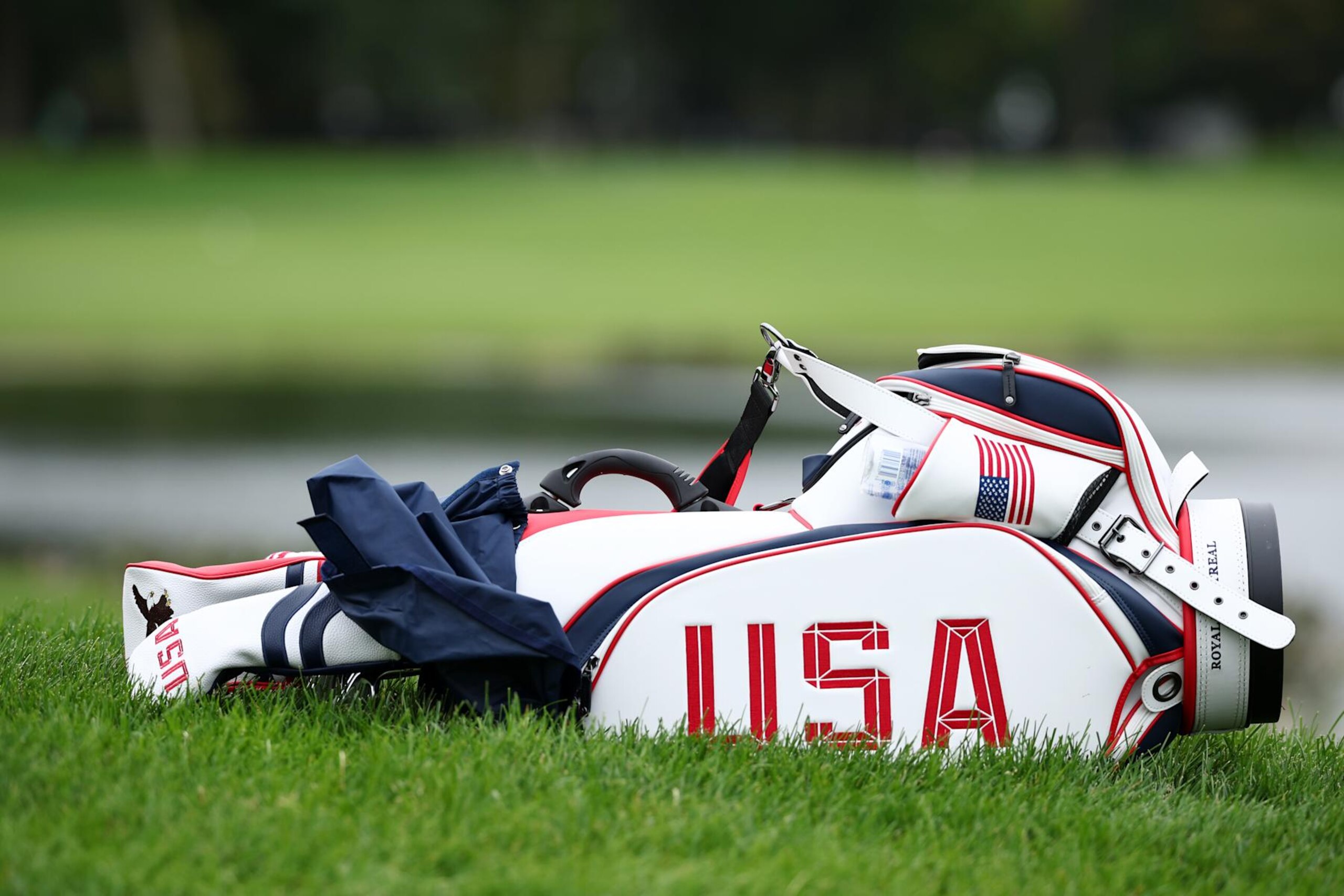 MONTREAL, QUEBEC - SEPTEMBER 25: A detailed view of a U.S. team bag during a practice round prior to the 2024 Presidents Cup at The Royal Montreal Golf Club on September 25, 2024 in Montreal, Quebec, Canada. (Photo by Jared C. Tilton/Getty Images)