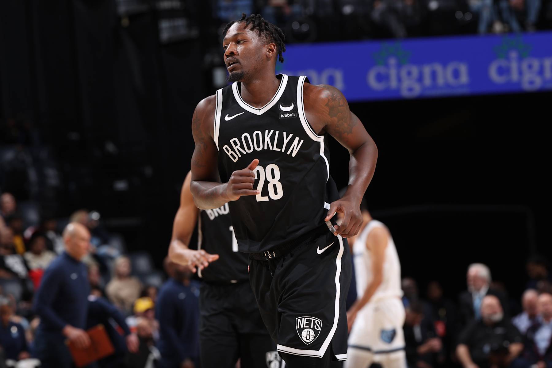 MEMPHIS, TN - February 26:  Dorian Finney-Smith #28 of the Brooklyn Nets looks on during the game against the Memphis Grizzlies on February 26, 2024 at FedExForum in Memphis, Tennessee. NOTE TO USER: User expressly acknowledges and agrees that, by downloading and or using this photograph, User is consenting to the terms and conditions of the Getty Images License Agreement. Mandatory Copyright Notice: Copyright 2024 NBAE (Photo by Joe Murphy/NBAE via Getty Images)
