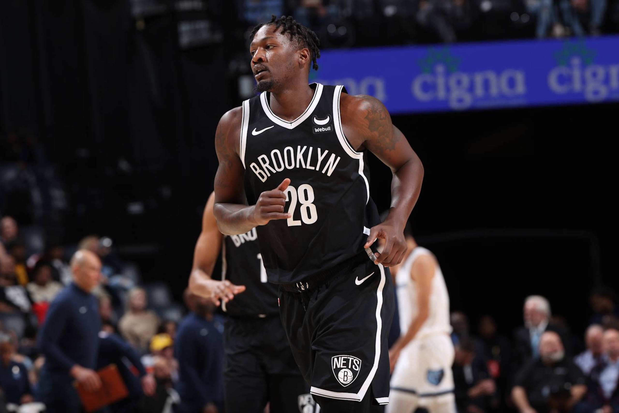 MEMPHIS, TN - February 26:  Dorian Finney-Smith #28 of the Brooklyn Nets looks on during the game against the Memphis Grizzlies on February 26, 2024 at FedExForum in Memphis, Tennessee. NOTE TO USER: User expressly acknowledges and agrees that, by downloading and or using this photograph, User is consenting to the terms and conditions of the Getty Images License Agreement. Mandatory Copyright Notice: Copyright 2024 NBAE (Photo by Joe Murphy/NBAE via Getty Images)