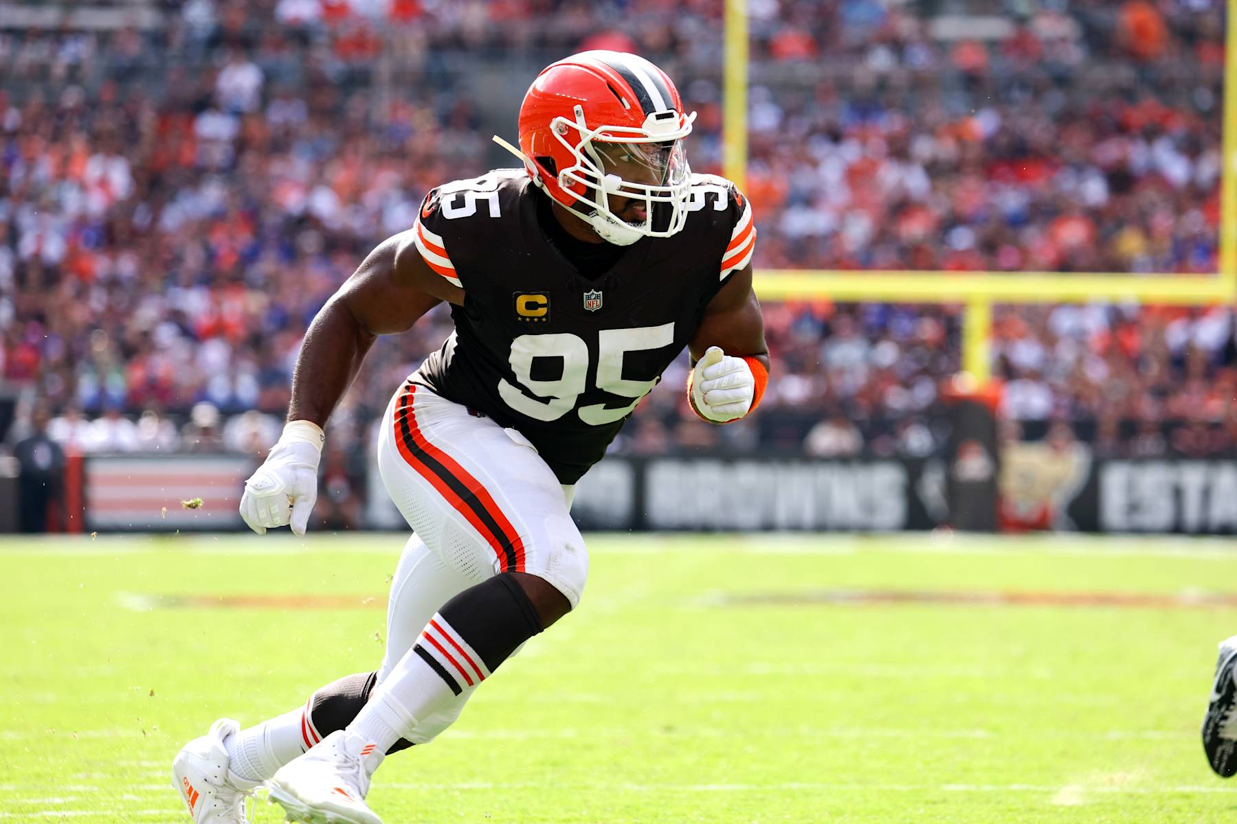 CLEVELAND, OH - SEPTEMBER 22: Cleveland Browns defensive end Myles Garrett (95) defends during the third quarter of the National Football League game between the New York Giants and Cleveland Browns on September 22, 2024, at Huntington Bank Field  in Cleveland, OH. (Photo by Frank Jansky/Icon Sportswire via Getty Images)
