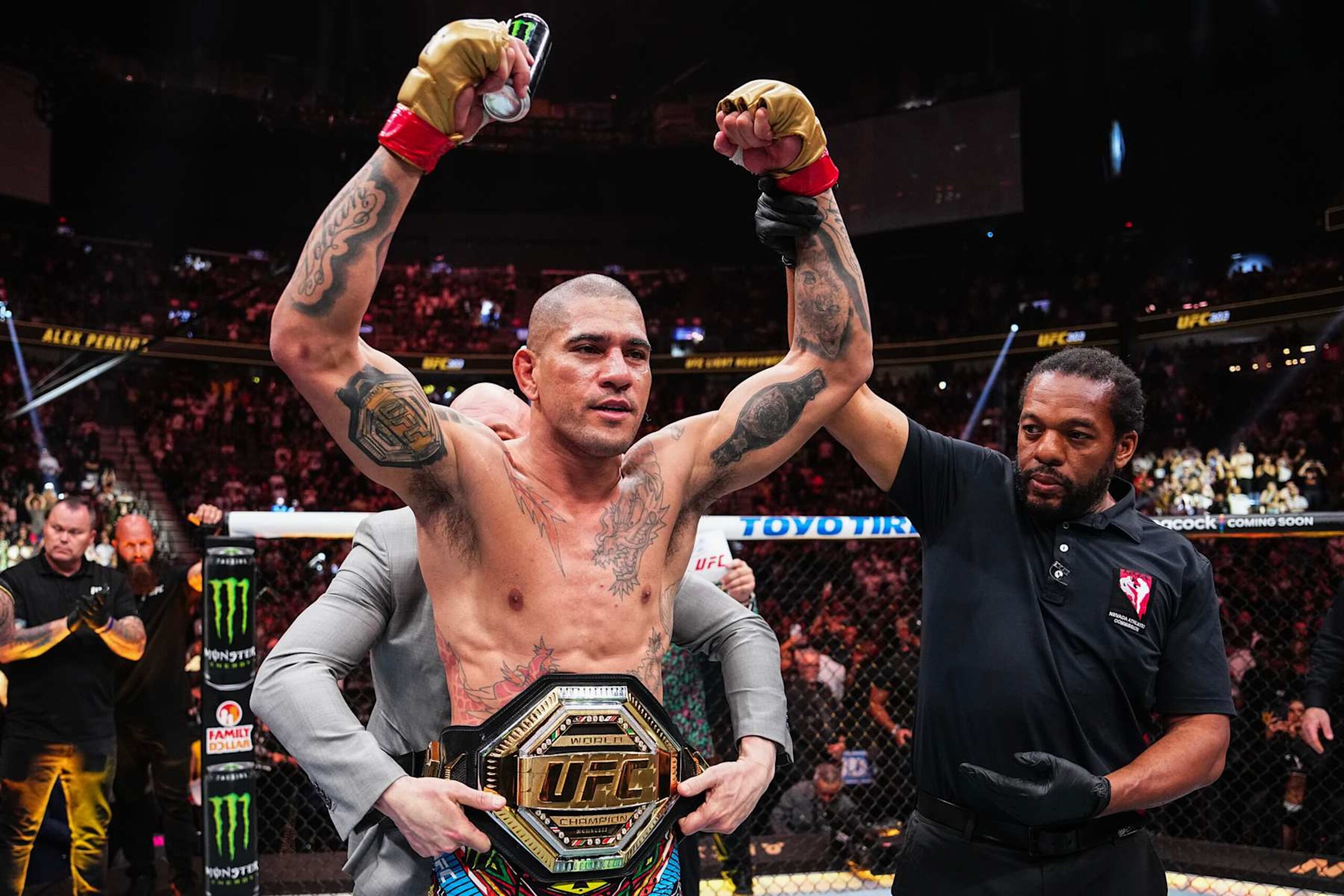 Alex Pereira celebrates a win over Jiri Prochazka at UFC 303