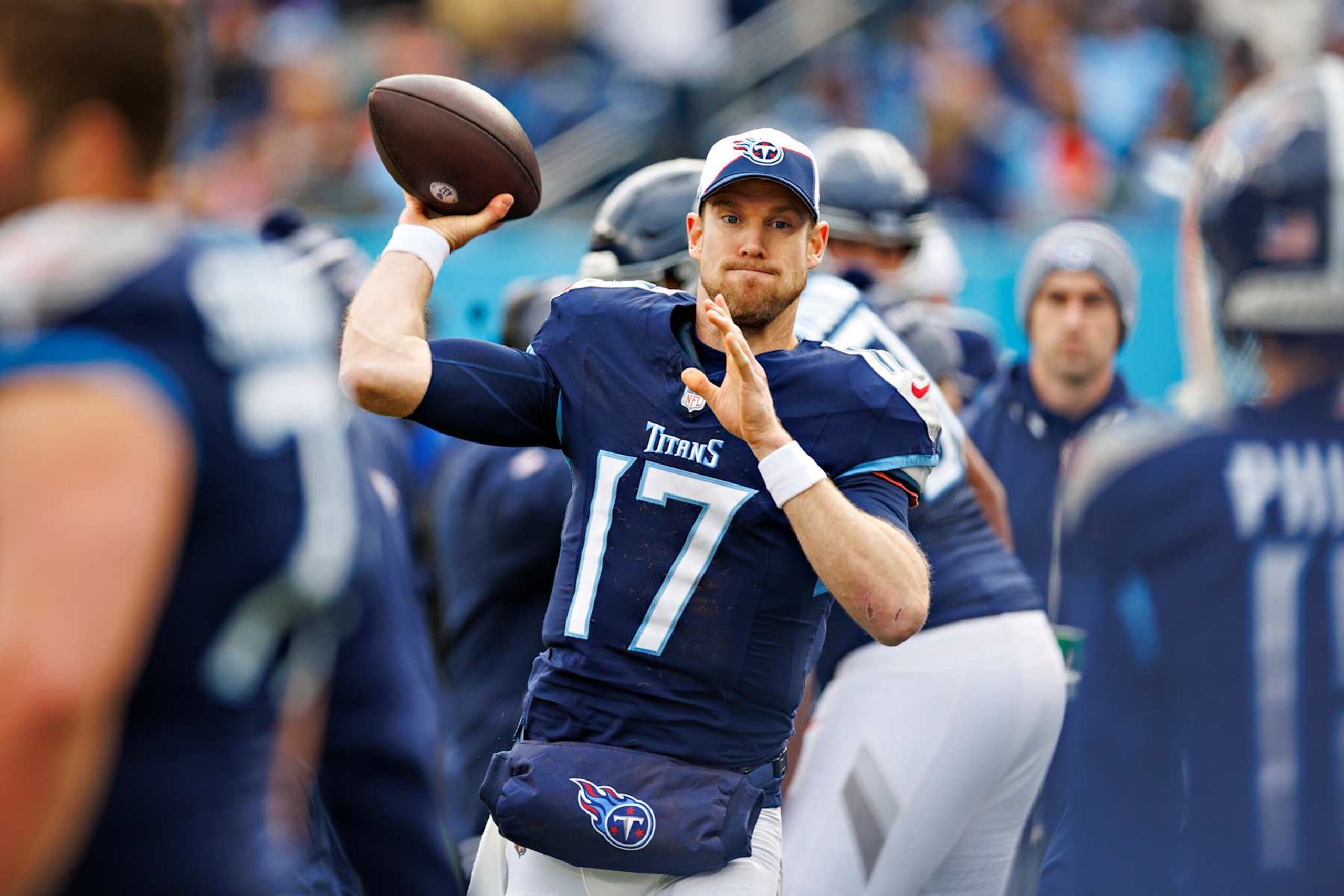 NASHVILLE TENNESSEE - JANUARY 07: Ryan Tannehill #17 of the Tennessee Titans warms up on the sidelines during the game against the Jacksonville Jaguars in Nashville, Tennessee at Nissan Stadium on January 7, 2024 in Houston, Texas. The Titans defeated the Jaguars 28-20.  (Photo by Wesley Hitt/Getty Images)