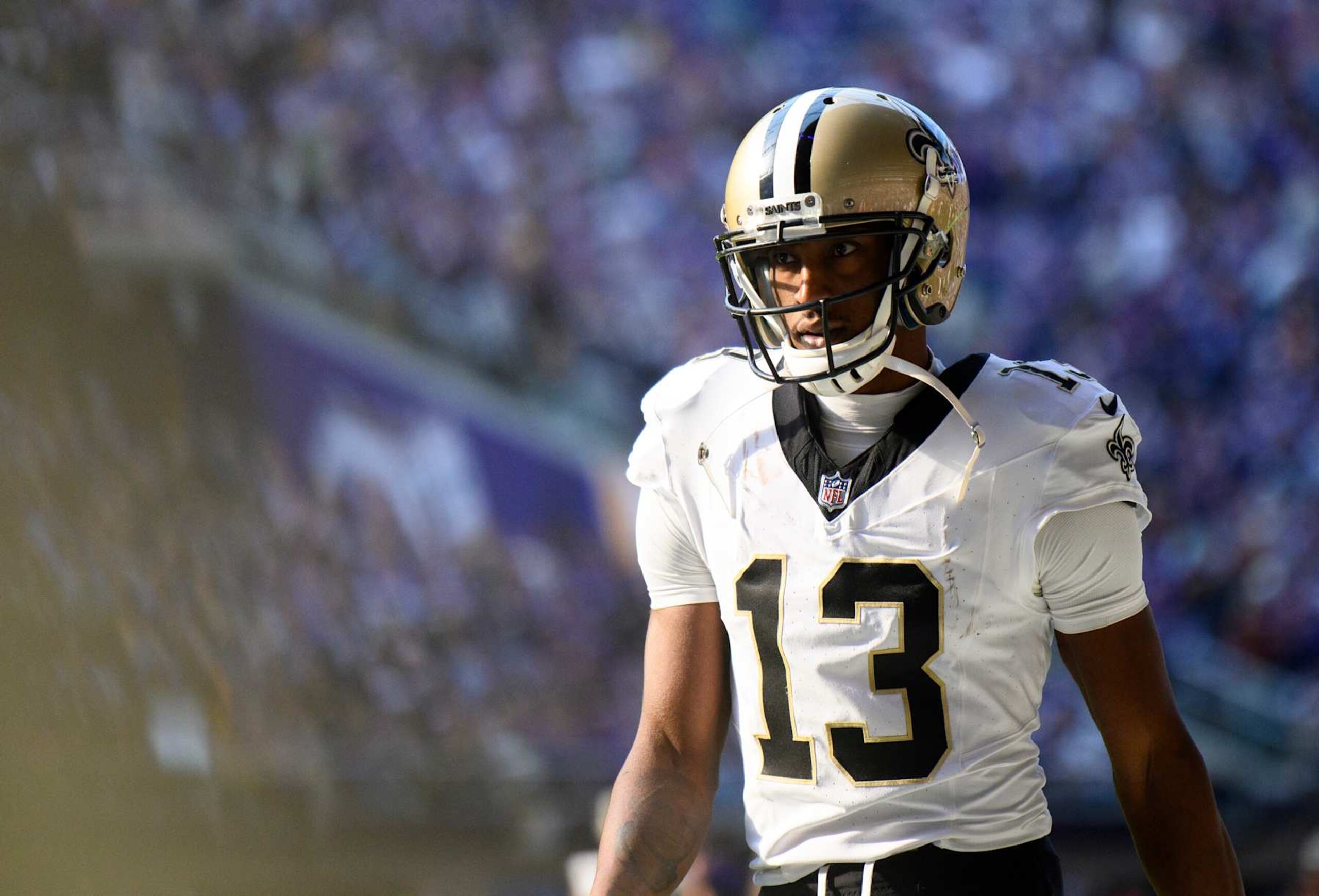 MINNEAPOLIS, MINNESOTA - NOVEMBER 12: Michael Thomas #13 of the New Orleans Saints warms up before the game against the Minnesota Vikings at U.S. Bank Stadium on November 12, 2023 in Minneapolis, Minnesota. (Photo by Stephen Maturen/Getty Images)