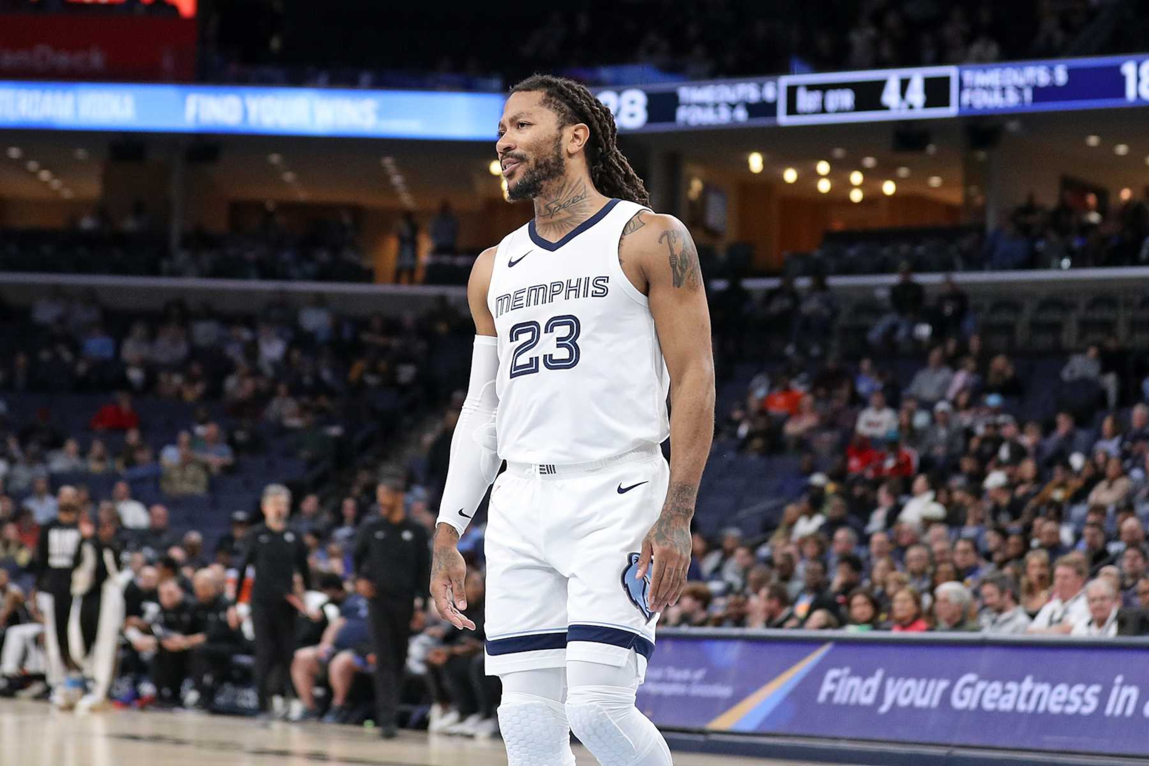 MEMPHIS, TENNESSEE - FEBRUARY 26: Derrick Rose #23 of the Memphis Grizzlies looks on during the game against the Brooklyn Nets at FedExForum on February 26, 2024 in Memphis, Tennessee. NOTE TO USER: User expressly acknowledges and agrees that, by downloading and or using this photograph, User is consenting to the terms and conditions of the Getty Images License Agreement. (Photo by Justin Ford/Getty Images) MEMPHIS, TENNESSEE - FEBRUARY 26: Derrick Rose #23 of the Memphis Grizzlies looks on during the game against the Brooklyn Nets at FedExForum on February 26, 2024 in Memphis, Tennessee. NOTE TO USER: User expressly acknowledges and agrees that, by downloading and or using this photograph, User is consenting to the terms and conditions of the Getty Images License Agreement. (Photo by Justin Ford/Getty Images)