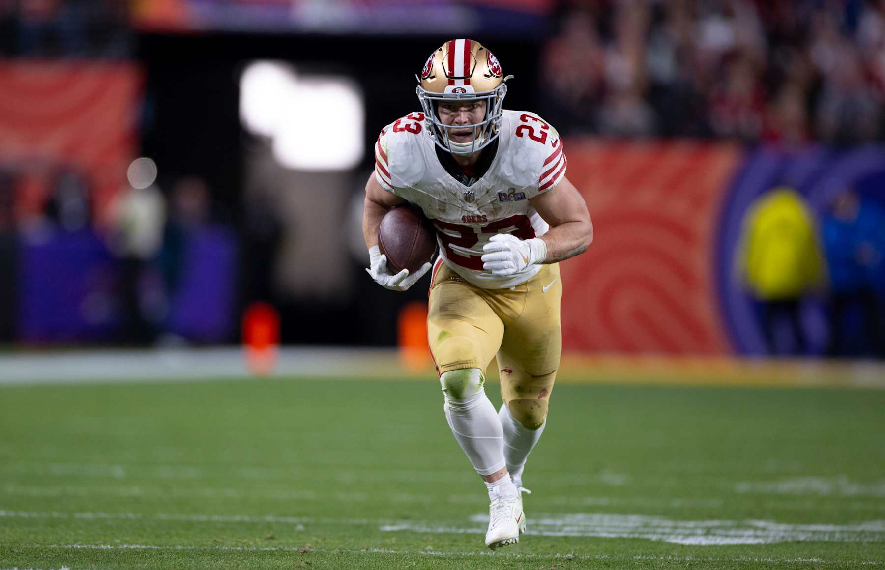 LAS VEGAS, NV - FEBRUARY 11: Christian McCaffrey #23 of the San Francisco 49ers heads to the end zone on a 21-yard touchdown catch during Super Bowl LVIII against the Kansas City Chiefs at Allegiant Stadium on February 11, 2024 in Las Vegas, Nevada. The Chiefs defeated the 49ers 25-22. (Photo by Michael Zagaris/San Francisco 49ers/Getty Images)