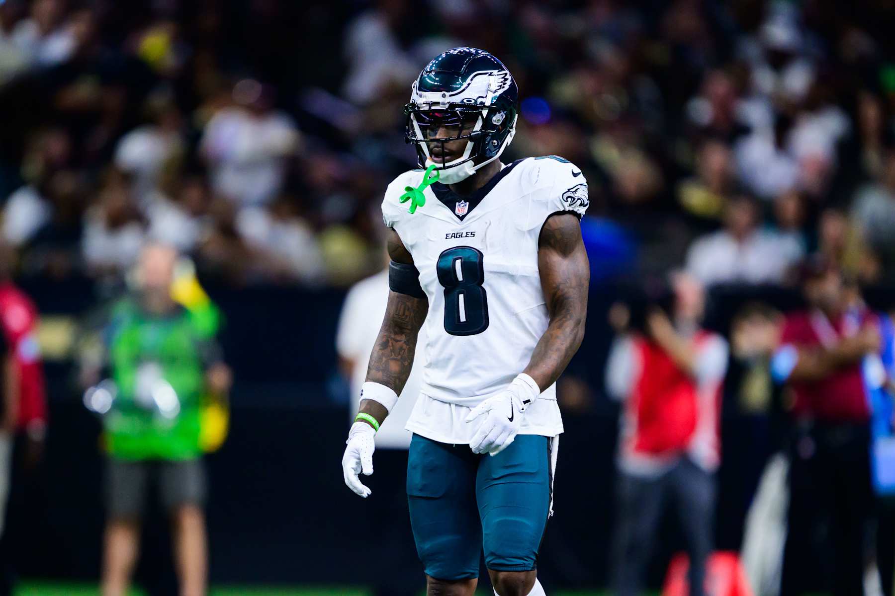 NEW ORLEANS, LOUISIANA - SEPTEMBER 22: C.J. Gardner-Johnson #8 of the Philadelphia Eagles looks on against the New Orleans Saints at Caesars Superdome on September 22, 2024 in New Orleans, Louisiana. (Photo by Gus Stark/Getty Images)