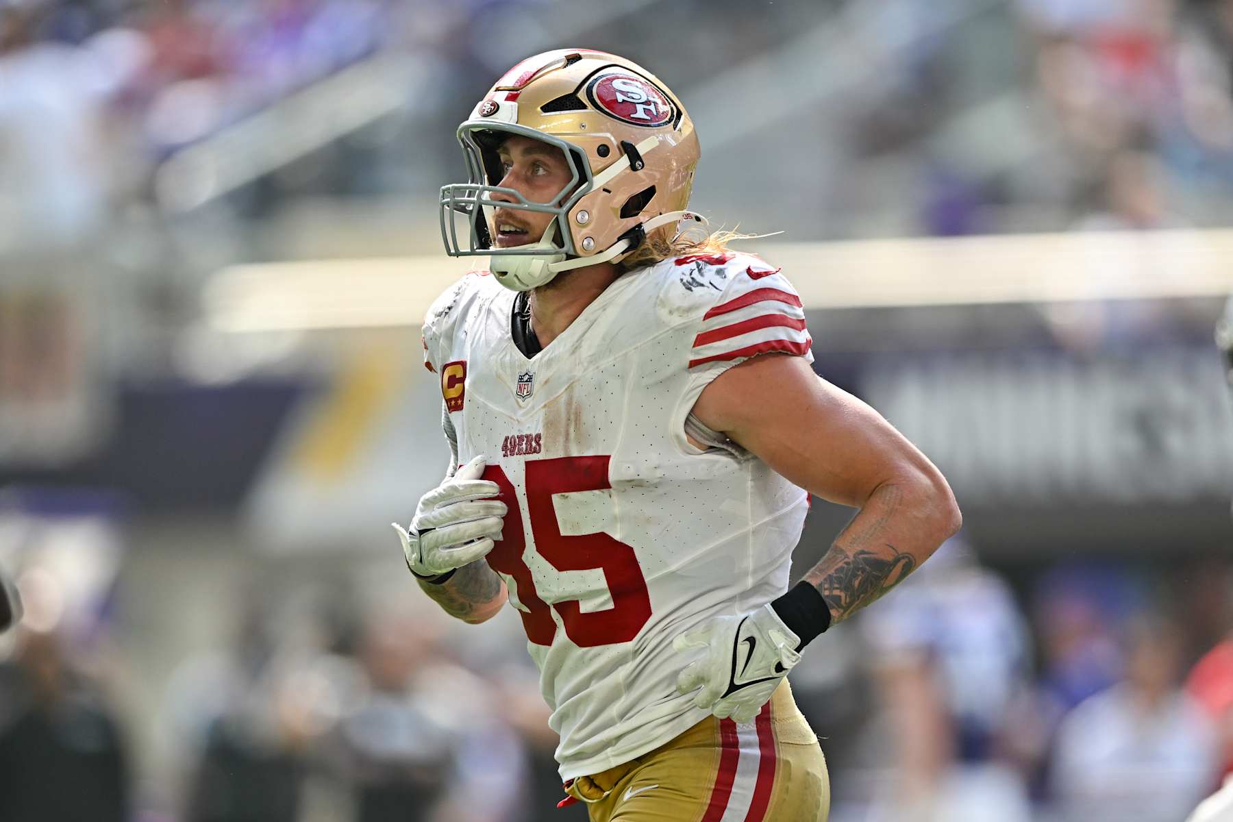 MINNEAPOLIS, MINNESOTA - SEPTEMBER 15: George Kittle #85 of the San Francisco 49ers looks on during the game against the Minnesota Vikings at U.S. Bank Stadium on September 15, 2024 in Minneapolis, Minnesota. The Vikings beat the 49ers 23-17. (Photo by Alika Jenner/Getty Images)