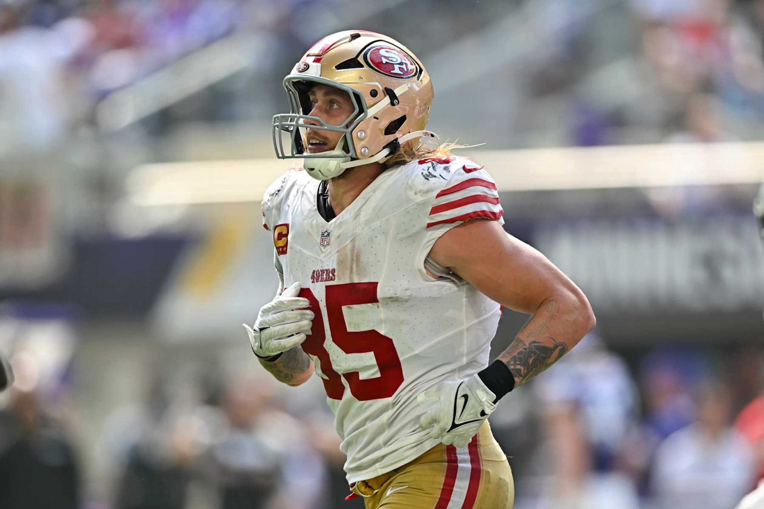 MINNEAPOLIS, MINNESOTA - SEPTEMBER 15: George Kittle #85 of the San Francisco 49ers looks on during the game against the Minnesota Vikings at U.S. Bank Stadium on September 15, 2024 in Minneapolis, Minnesota. The Vikings beat the 49ers 23-17. (Photo by Alika Jenner/Getty Images)