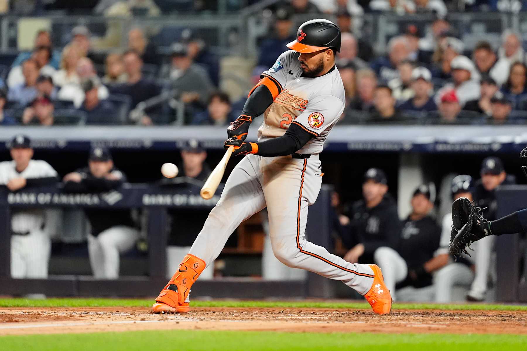 BRONX, NY - SEPTEMBER 25: Baltimore Orioles Right Fielder Anthony Santander (25) hits an RBI double during the fourth inning of the Major League Baseball game between the Baltimore Orioles and the New York Yankees on September 25, 2024, at Yankee Stadium in the Bronx, NY. (Photo by Gregory Fisher/Icon Sportswire via Getty Images)