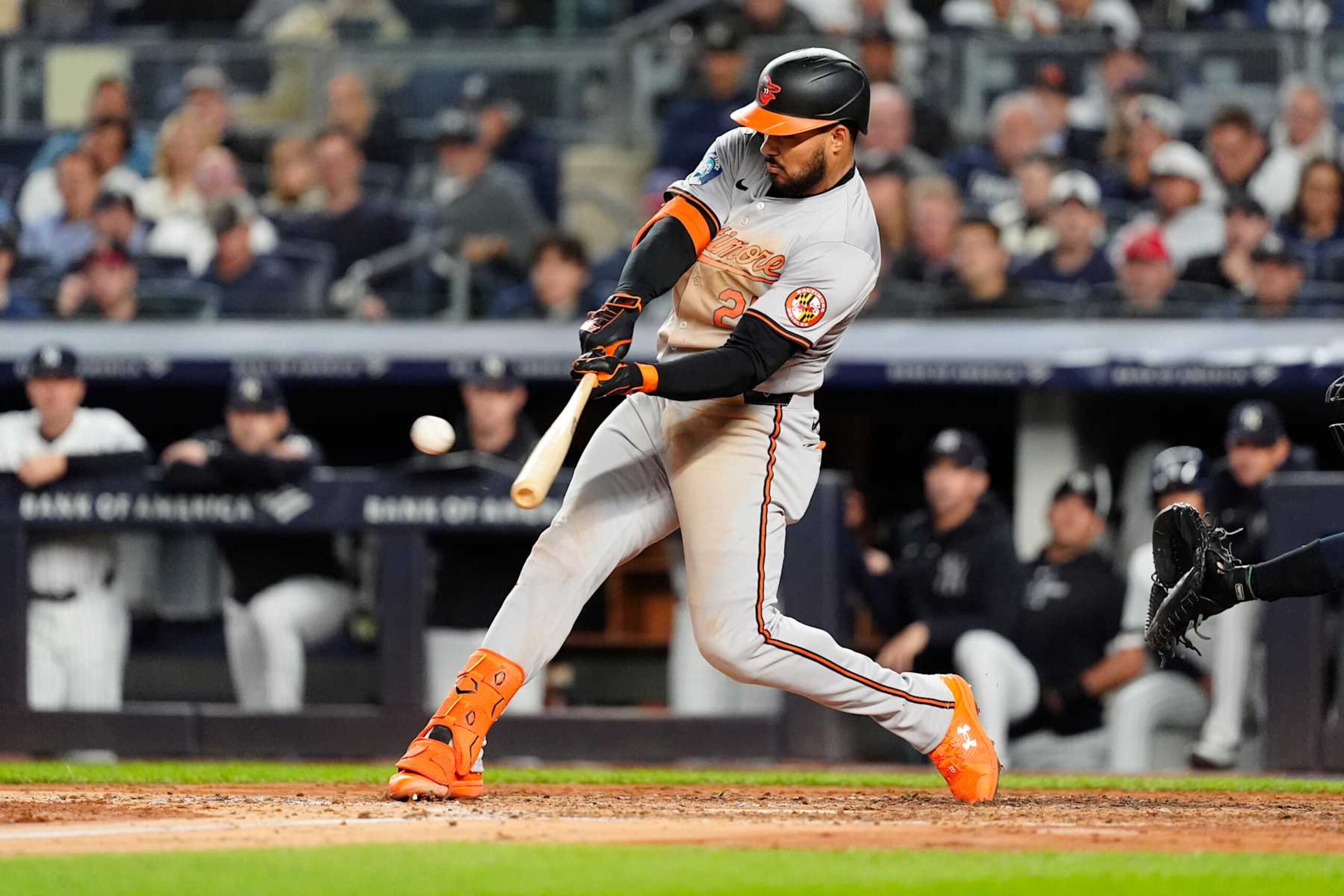 BRONX, NY - SEPTEMBER 25: Baltimore Orioles Right Fielder Anthony Santander (25) hits an RBI double during the fourth inning of the Major League Baseball game between the Baltimore Orioles and the New York Yankees on September 25, 2024, at Yankee Stadium in the Bronx, NY. (Photo by Gregory Fisher/Icon Sportswire via Getty Images)