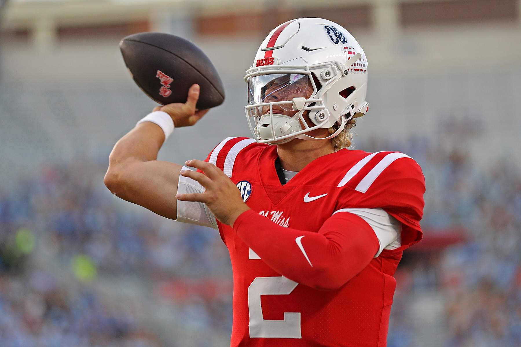 OXFORD, MISSISSIPPI - SEPTEMBER 21: Jaxson Dart #2 of the Mississippi Rebels warms up before the game against the Georgia Southern Eagles at Vaught-Hemingway Stadium on September 21, 2024 in Oxford, Mississippi. (Photo by Justin Ford/Getty Images)