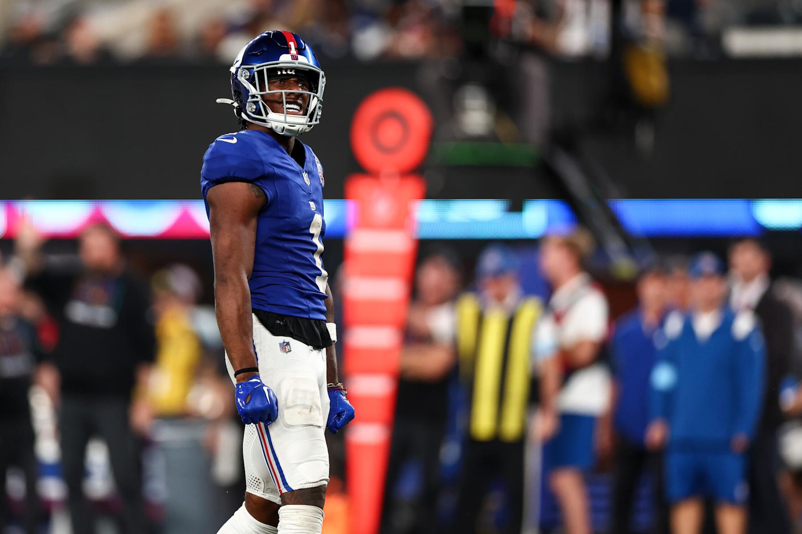 EAST RUTHERFORD, NJ - SEPTEMBER 26: Malik Nabers #1 of the New York Giants celebrates after a play during the fourth quarter of an NFL football game against the Dallas Cowboys at MetLife Stadium on September 26, 2024 in East Rutherford, New Jersey. (Photo by Kevin Sabitus/Getty Images)