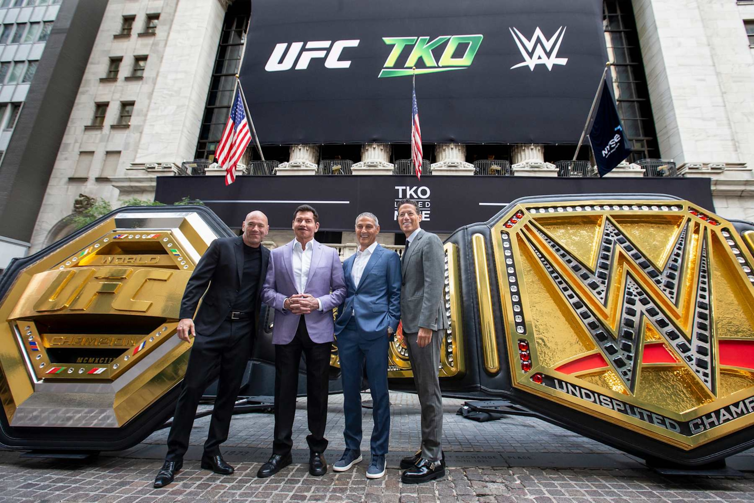 NEW YORK, NEW YORK - SEPTEMBER 12: (L-R) UFC CEO Dana White, TKO Executive Chairman of the Board Vince McMahon, TKO + Endeavor CEO Ariel Emanuel, and TKO + Endeavor President and COO Mark Shapiro pose outside the New York Stock Exchange during the TKO Group Holdings' listing day on September 12, 2023 in New York City. (Photo by Michelle Farsi/Zuffa LLC) NEW YORK, NEW YORK - SEPTEMBER 12: (L-R) UFC CEO Dana White, TKO Executive Chairman of the Board Vince McMahon, TKO + Endeavor CEO Ariel Emanuel, and TKO + Endeavor President and COO Mark Shapiro pose outside the New York Stock Exchange during the TKO Group Holdings' listing day on September 12, 2023 in New York City. (Photo by Michelle Farsi/Zuffa LLC)