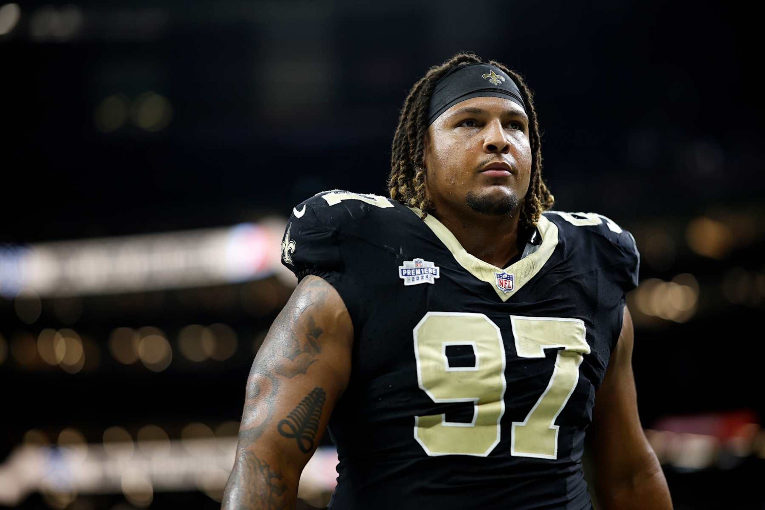 NEW ORLEANS, LOUISIANA - SEPTEMBER 08: Khristian Boyd #97 of the New Orleans Saints looks on after playing the Carolina Panthers at Caesars Superdome on September 08, 2024 in New Orleans, Louisiana. (Photo by Chris Graythen/Getty Images)