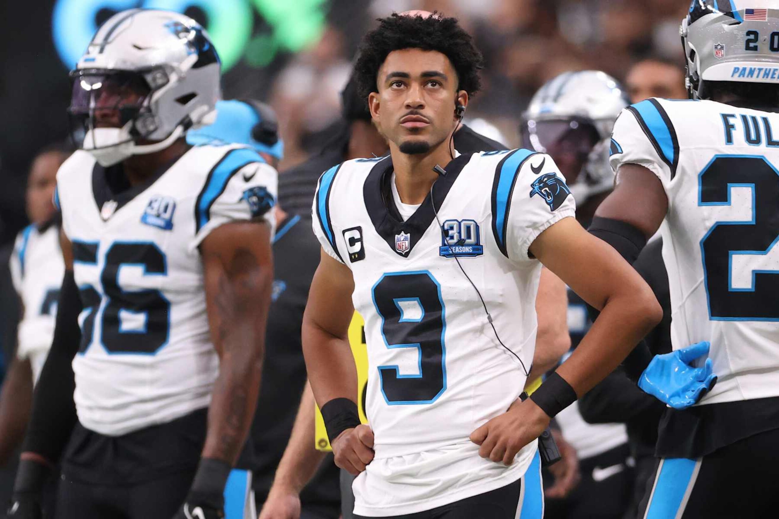LAS VEGAS, NEVADA - SEPTEMBER 22: Bryce Young #9 of the Carolina Panthers looks on from the sideline during the first quarter against the Las Vegas Raiders at Allegiant Stadium on September 22, 2024 in Las Vegas, Nevada. (Photo by Ian Maule/Getty Images) LAS VEGAS, NEVADA - SEPTEMBER 22: Bryce Young #9 of the Carolina Panthers looks on from the sideline during the first quarter against the Las Vegas Raiders at Allegiant Stadium on September 22, 2024 in Las Vegas, Nevada. (Photo by Ian Maule/Getty Images)
