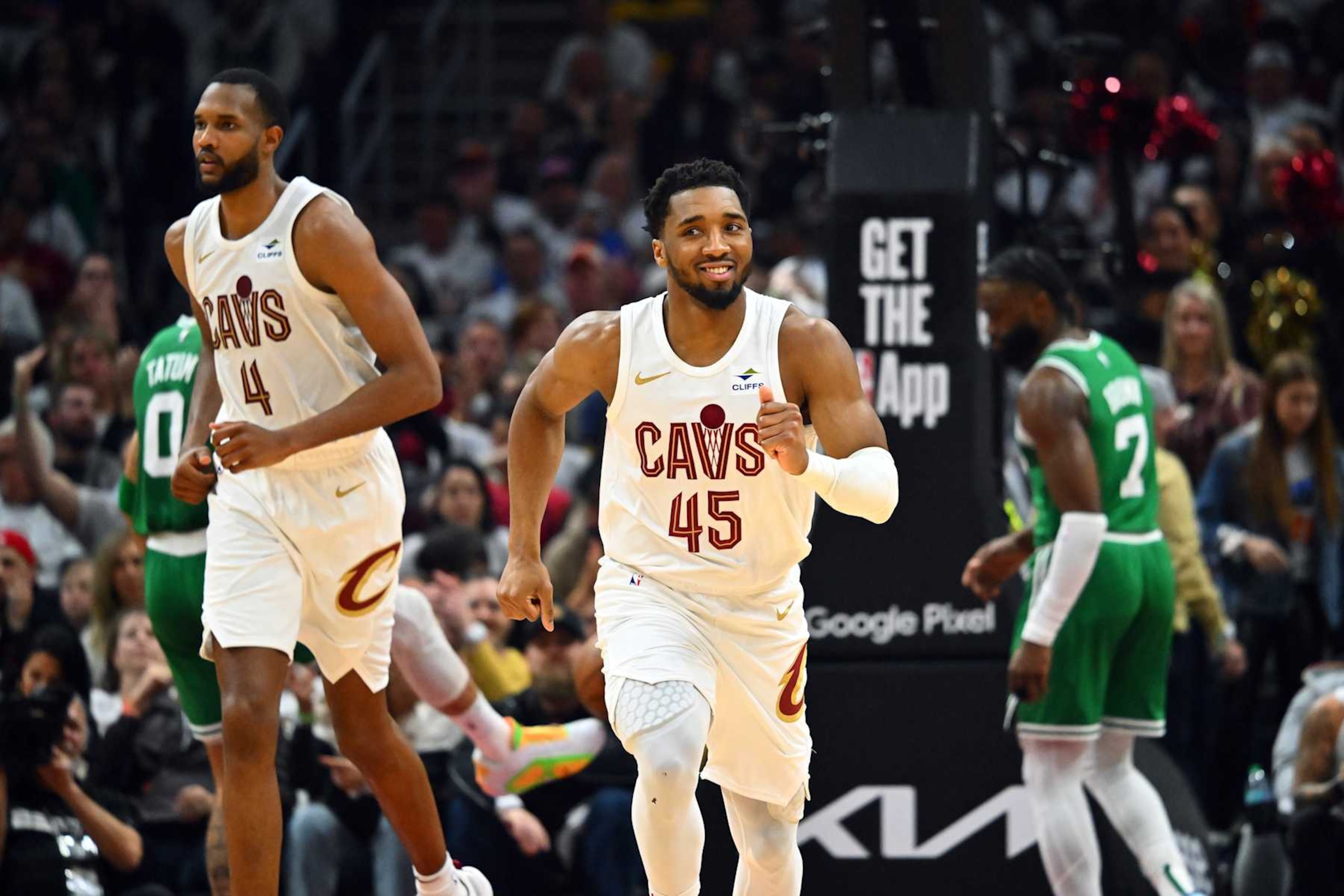 CLEVELAND, OHIO - MAY 11: Donovan Mitchell #45 of the Cleveland Cavaliers smiles during the second quarter of game three of the Eastern Conference Second Round Playoffs against the Boston Celtics at Rocket Mortgage Fieldhouse on May 11, 2024 in Cleveland, Ohio. The Celtics defeated the Cavaliers 106-93. NOTE TO USER: User expressly acknowledges and agrees that, by downloading and or using this photograph, User is consenting to the terms and conditions of the Getty Images License Agreement. (Photo by Jason Miller/Getty Images)