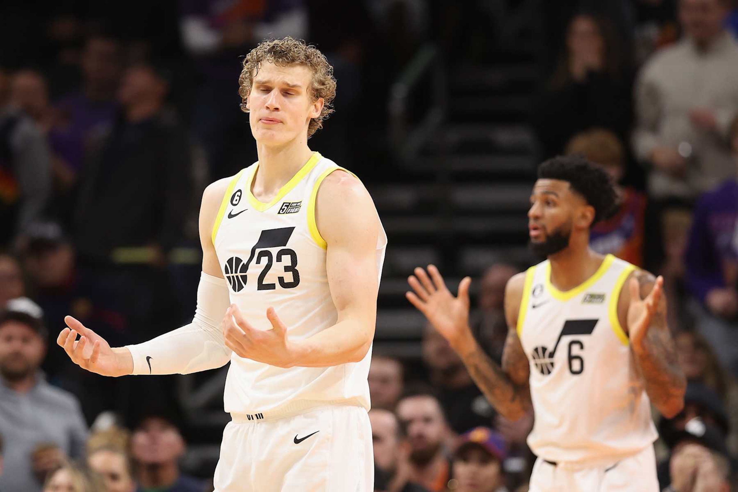 PHOENIX, ARIZONA - NOVEMBER 26: Lauri Markkanen #23 of the Utah Jazz reacts after a foul call during the second half of NBA game against the Phoenix Suns at Footprint Center on November 26, 2022 in Phoenix, Arizona.  The Suns defeated the Jazz 113-112.  NOTE TO USER: User expressly acknowledges and agrees that, by downloading and or using this photograph, User is consenting to the terms and conditions of the Getty Images License Agreement. (Photo by Christian Petersen/Getty Images)