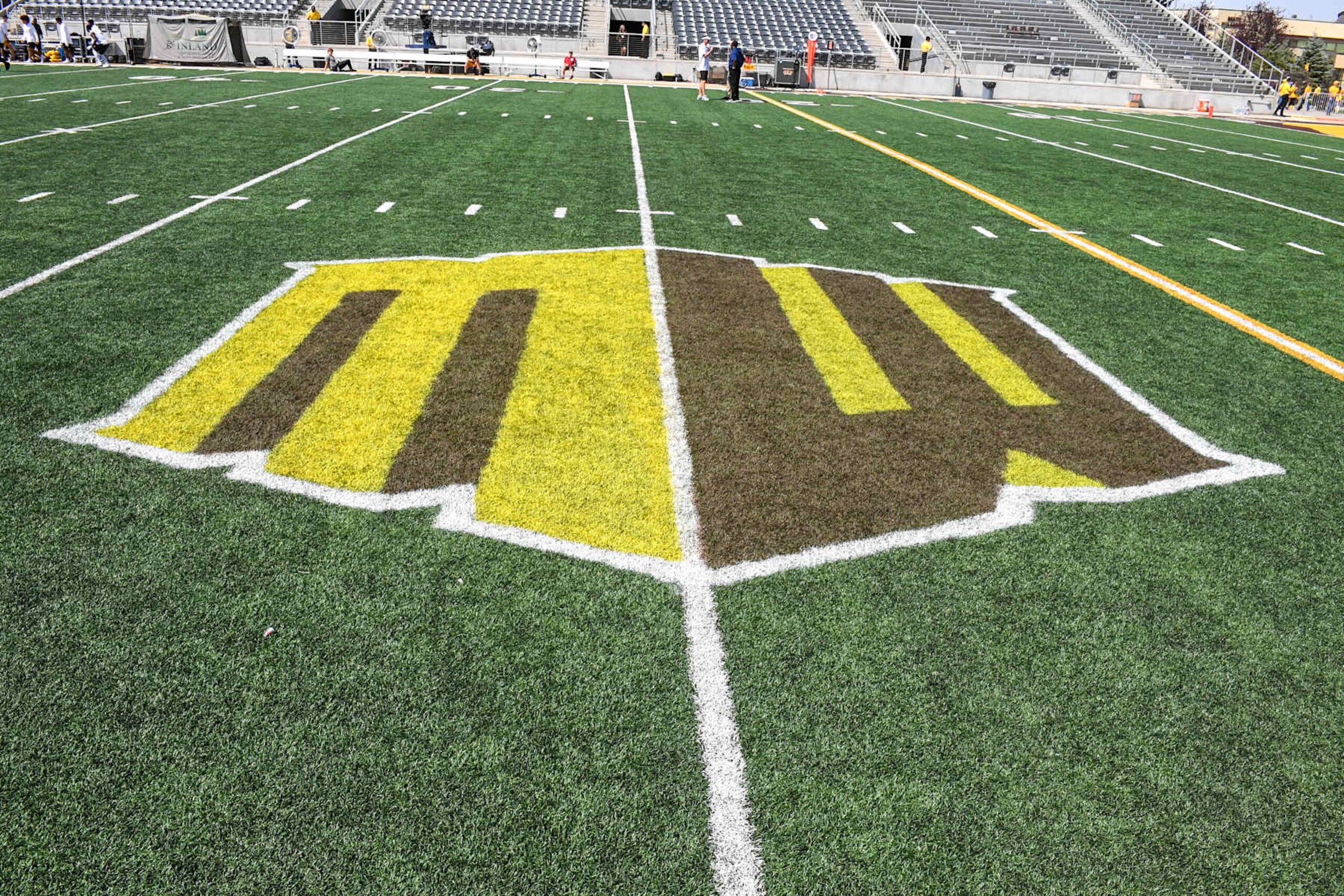 LARAMIE, WY - SEPTEMBER 07: Mountain West logo on the field during the college football game between the Idaho Vandals and the University of Wyoming Cowboys on September 07, 2024 at War Memorial Stadium in Laramie, WY. (Photo by Kevin Langley/Icon Sportswire via Getty Images)